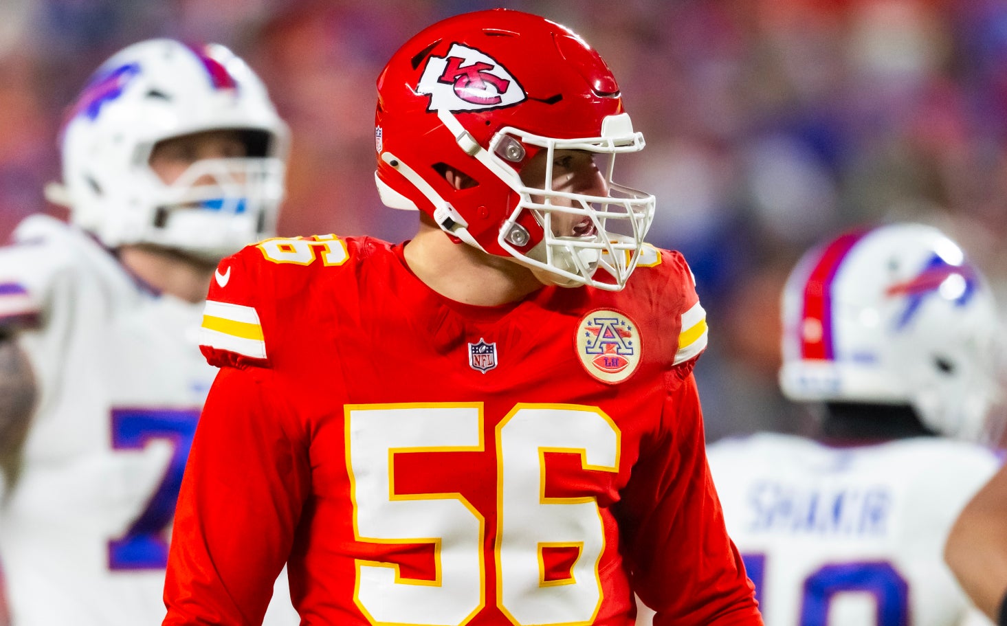 Jan 26, 2025; Kansas City, MO, USA; Kansas City Chiefs defensive end George Karlaftis (56) against the Buffalo Bills in the AFC Championship game at GEHA Field at Arrowhead Stadium.