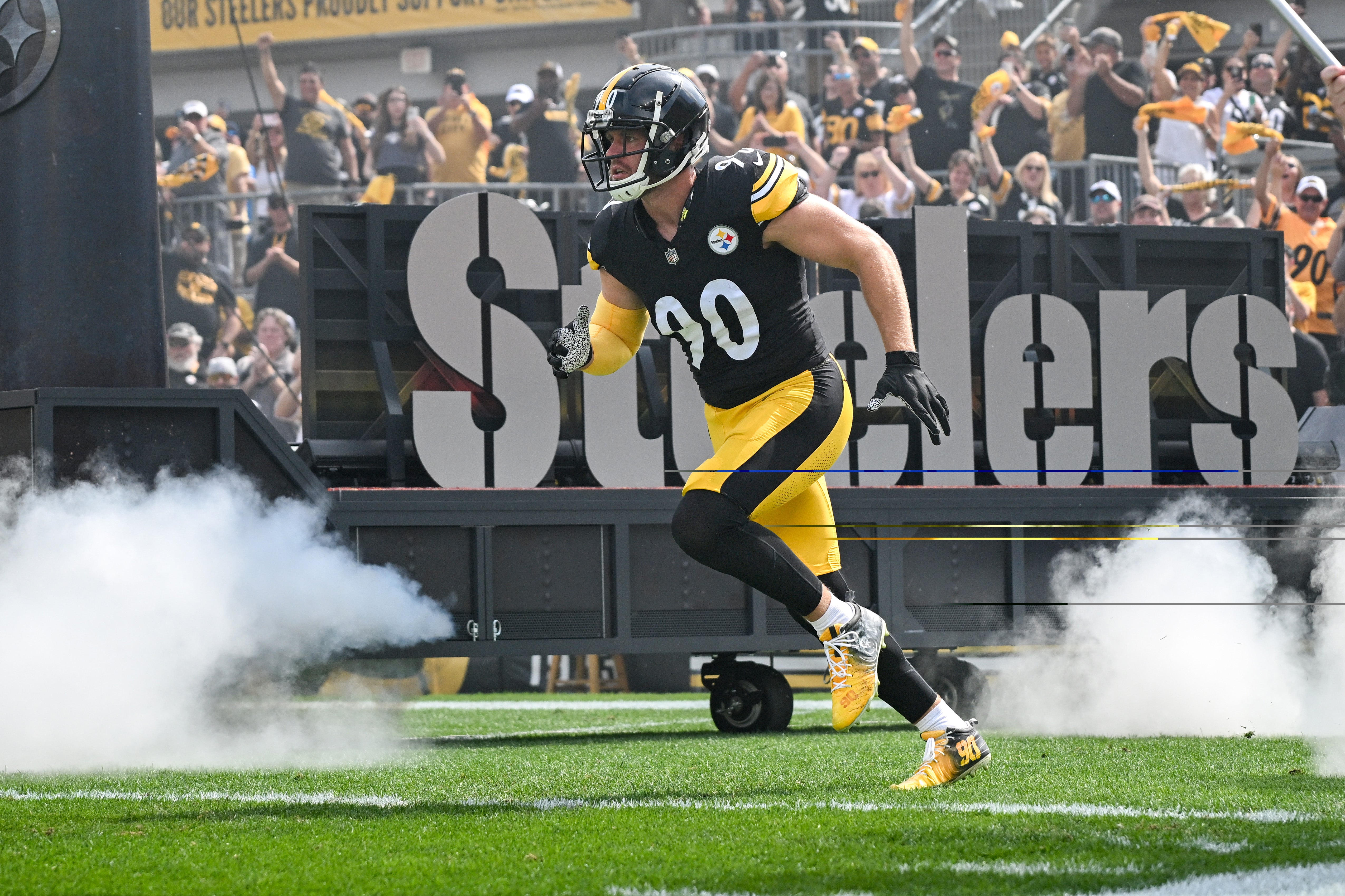 Sep 22, 2024; Pittsburgh, Pennsylvania, USA; Pittsburgh Steelers linebacker T.J. Watt (90) takes the field for a game against the Los Angeles Chargers at Acrisure Stadium.
