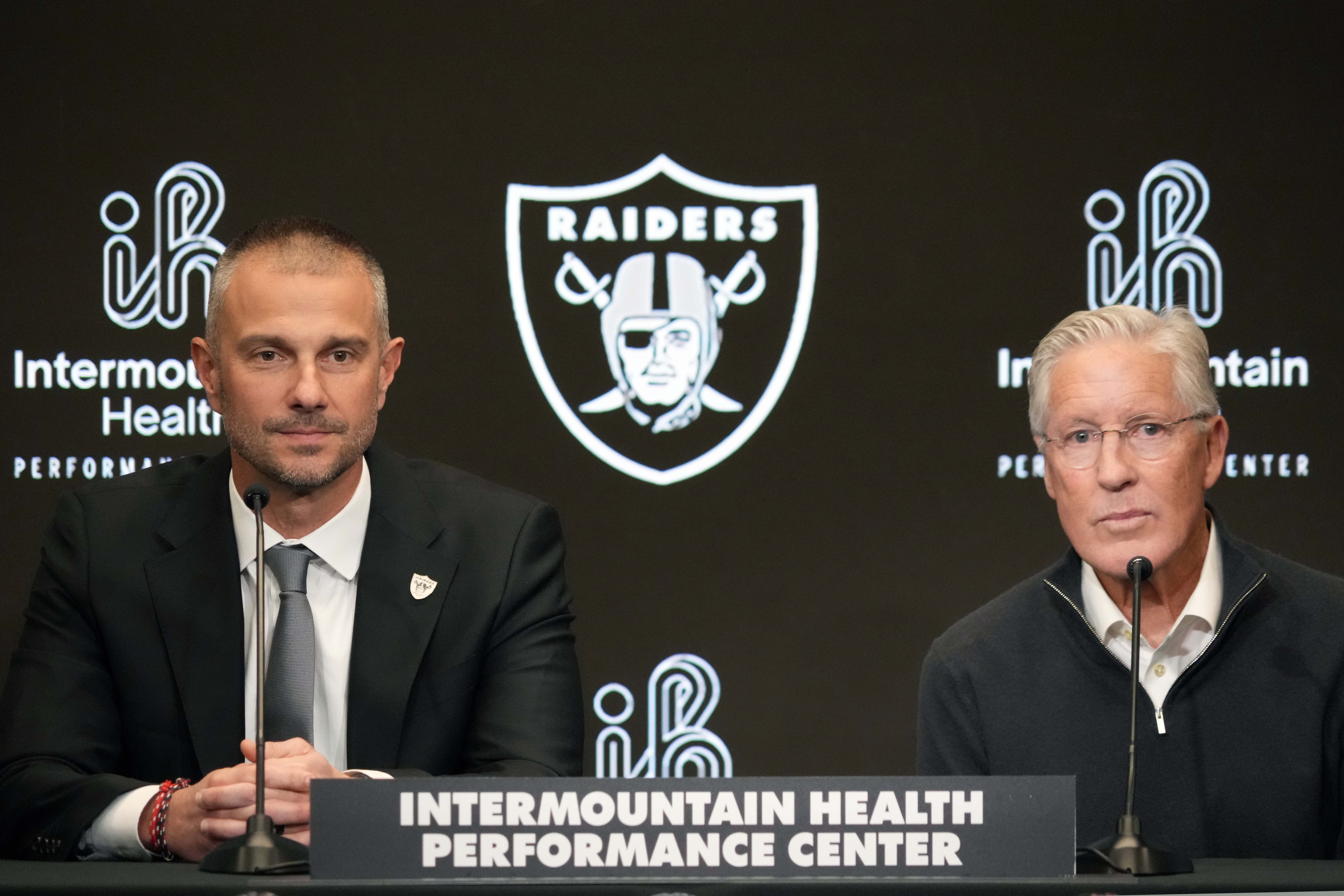 Las Vegas Raiders general manager John Spytek (left) and coach Pete Carroll at press conference at Intermountain Health Performance Center.