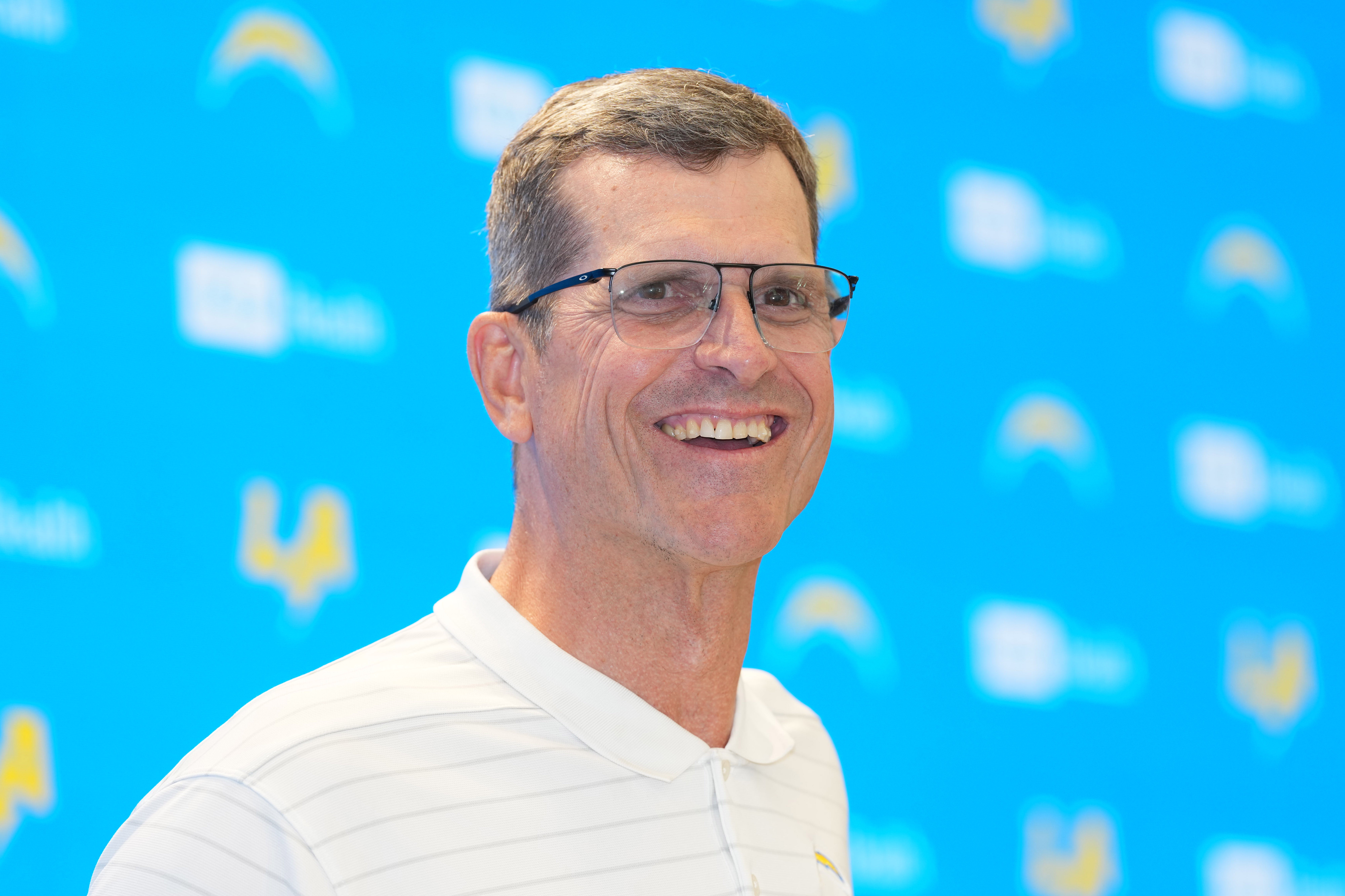 May 7, 2025; El Segundo CA, USA; Los Angeles Chargers coach Jim Harbaugh during press conference at The Bolt.