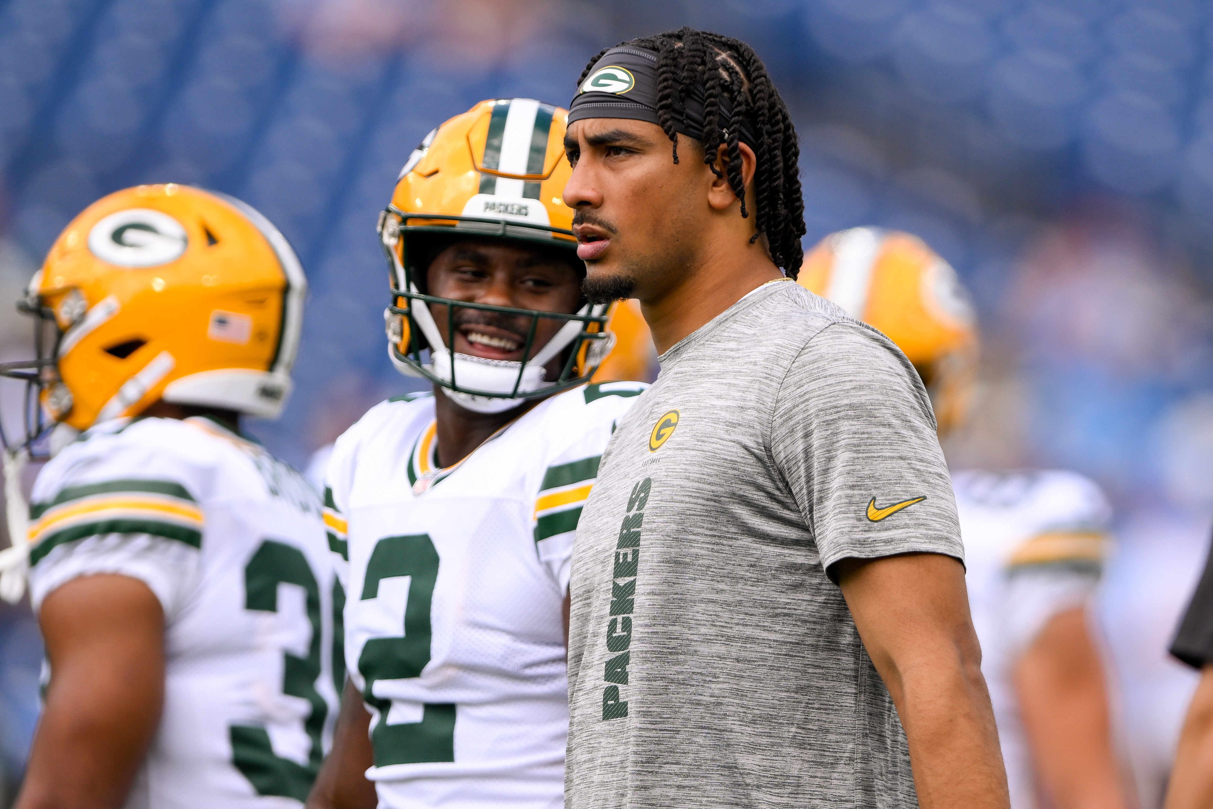 Green Bay Packers quarterback Jordan Love (10) and quarterback Malik Willis (2) against the Tennessee Titans during pregame warmups at Nissan Stadium.