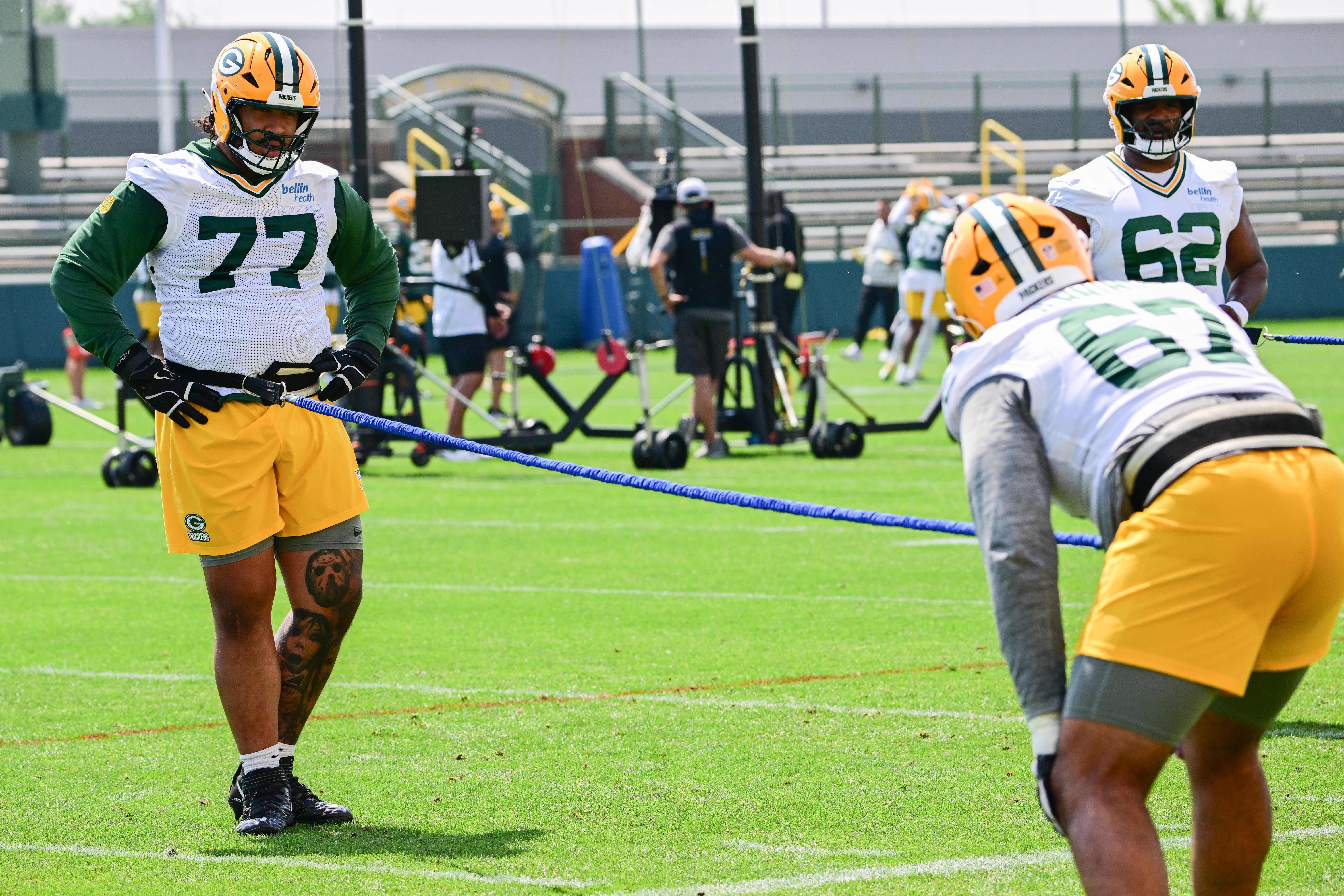 Green Bay Packers offensive tackle Jordan Morgan (77) participates in the team's minicamp at Ray Nitschke Field.