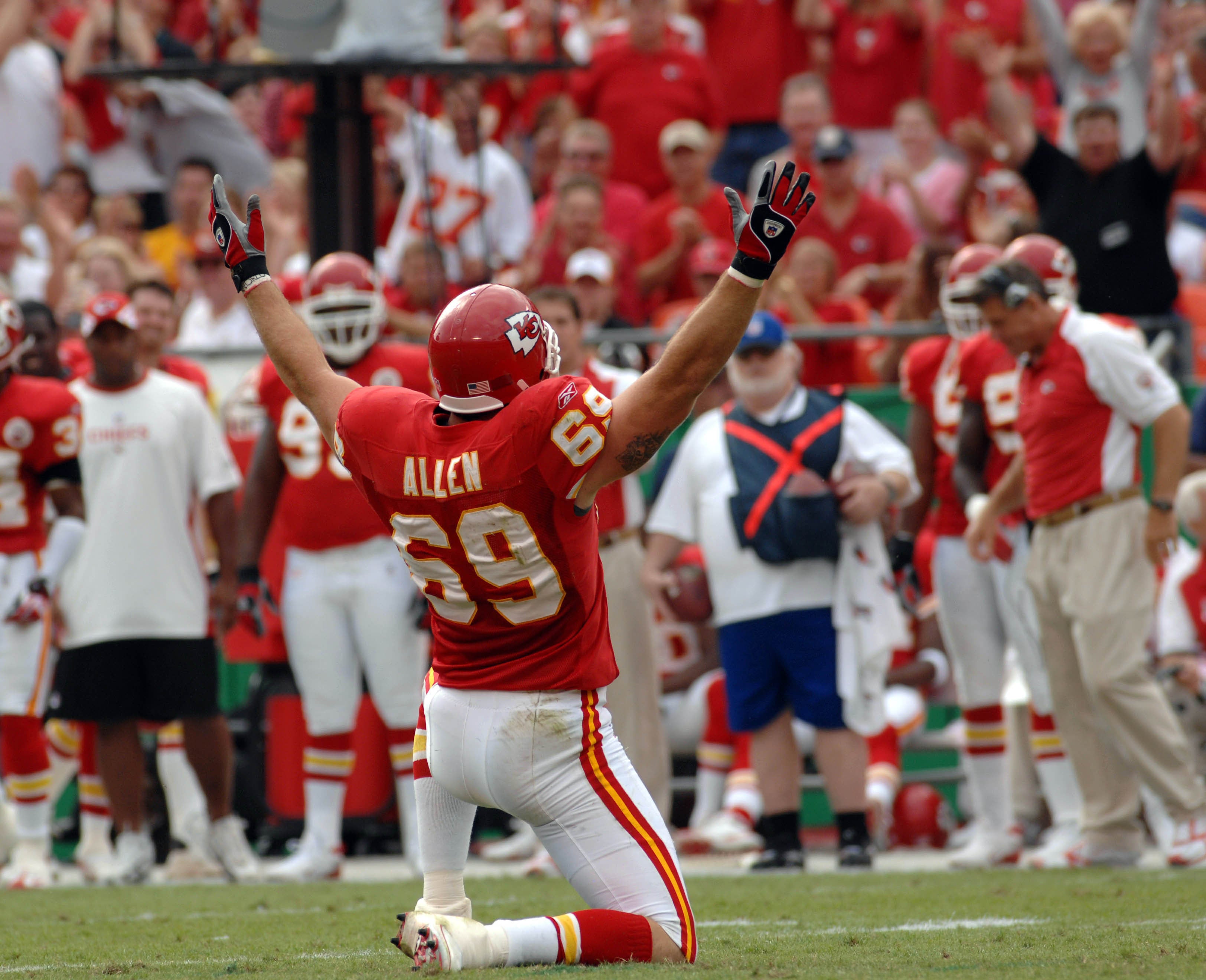 Kansas City Chiefs defensive end Jared Allen (69) celebrates after sacking Jacksonville Jaguars quarterback David Garrard (9) in the first quarter at Arrowhead Stadium