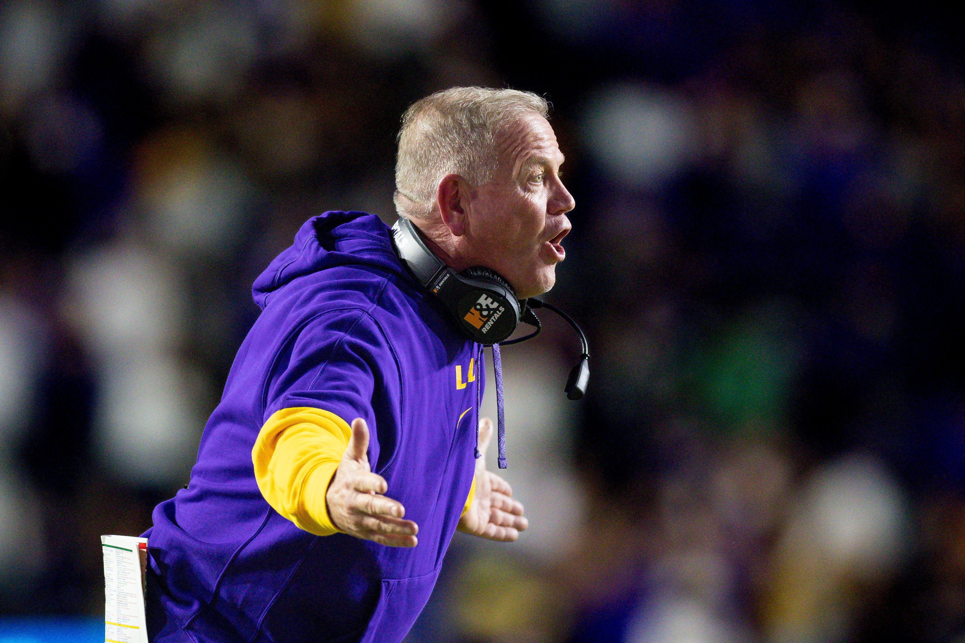Nov 23, 2024; Baton Rouge, Louisiana, USA; LSU Tigers head coach Brian Kelly reacts to a play against the Vanderbilt Commodores during the second half at Tiger Stadium.