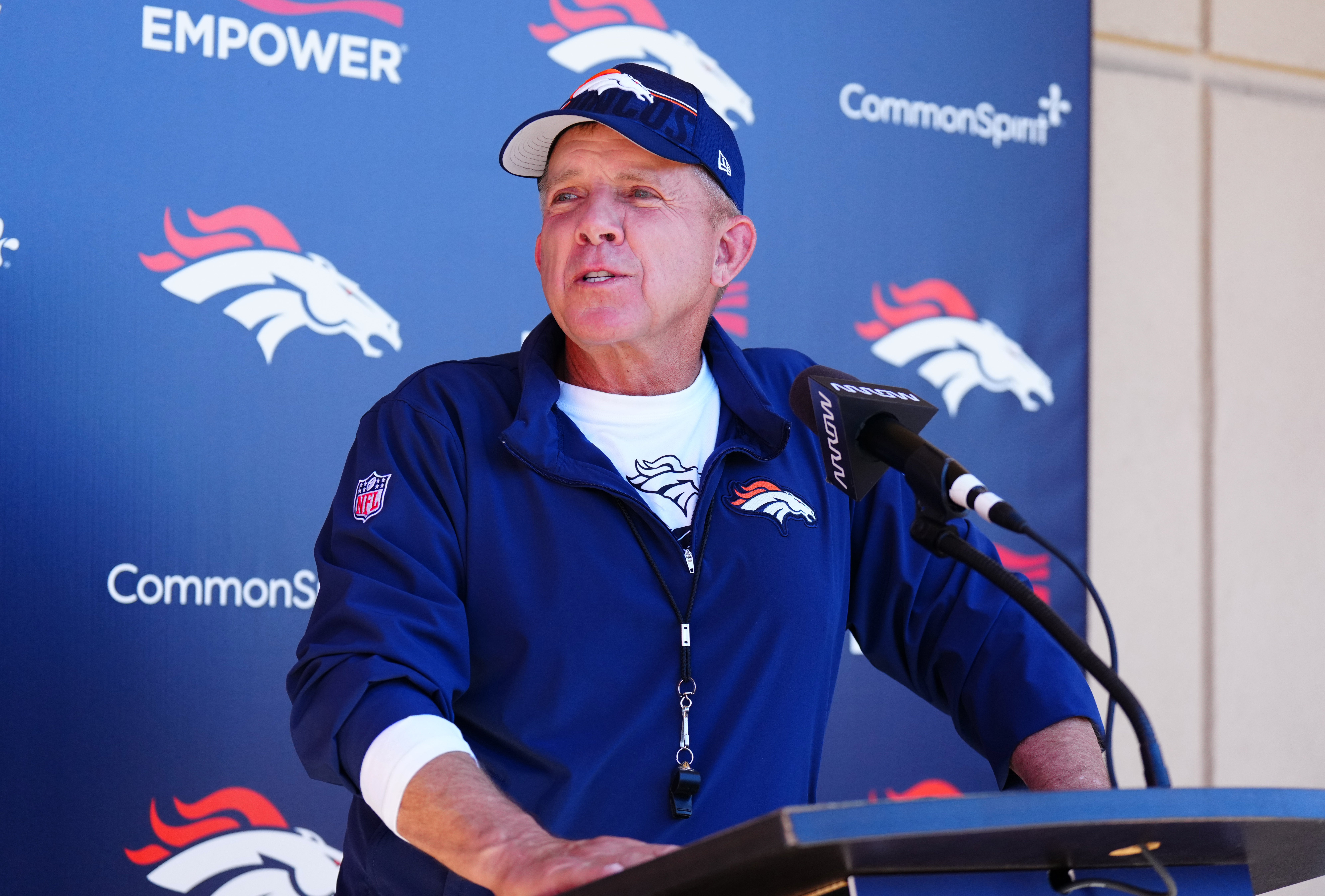 May 10, 2025; Englewood, CO, USA; Denver Broncos head coach Sean Payton speaks to the media following rookie minicamp at Broncos Park Powered by CommonSpirit.