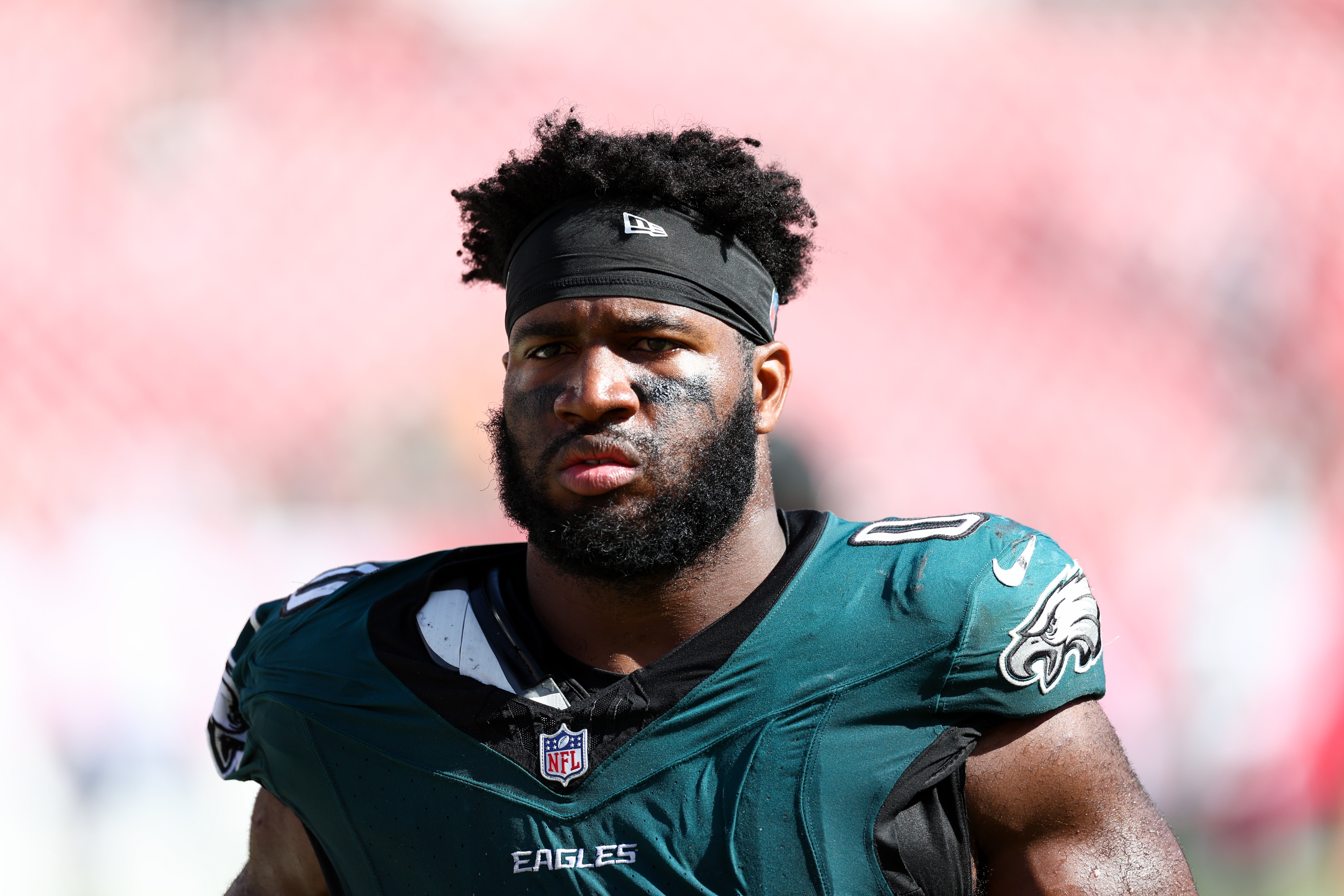 Philadelphia Eagles defensive end Bryce Huff (0) looks on after a game against the Tampa Bay Buccaneers at Raymond James Stadium.
