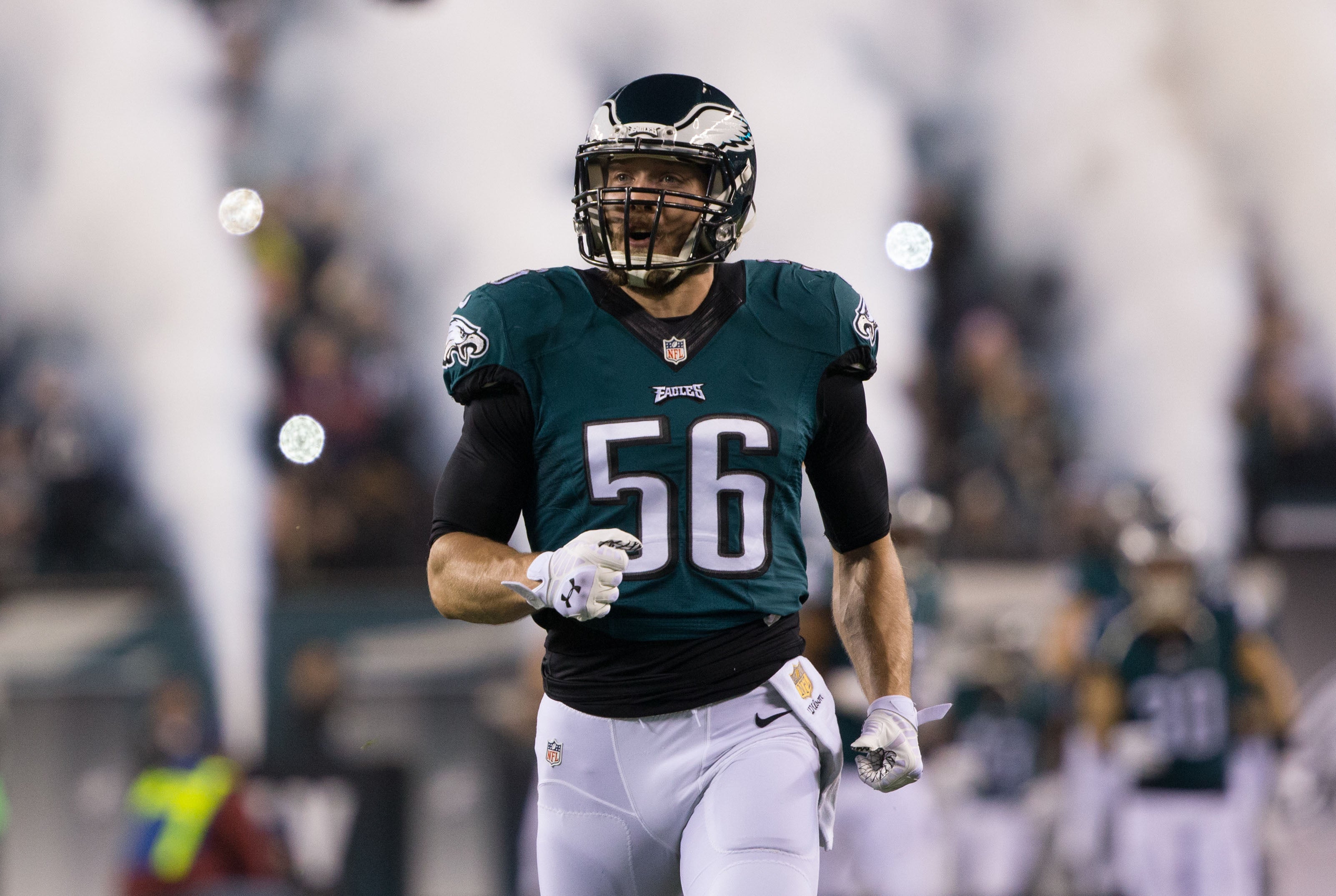 Philadelphia Eagles linebacker Bryan Braman (56) takes the field for the start of a game against the Washington Redskins at Lincoln Financial Field. The Redskins won 38-24.