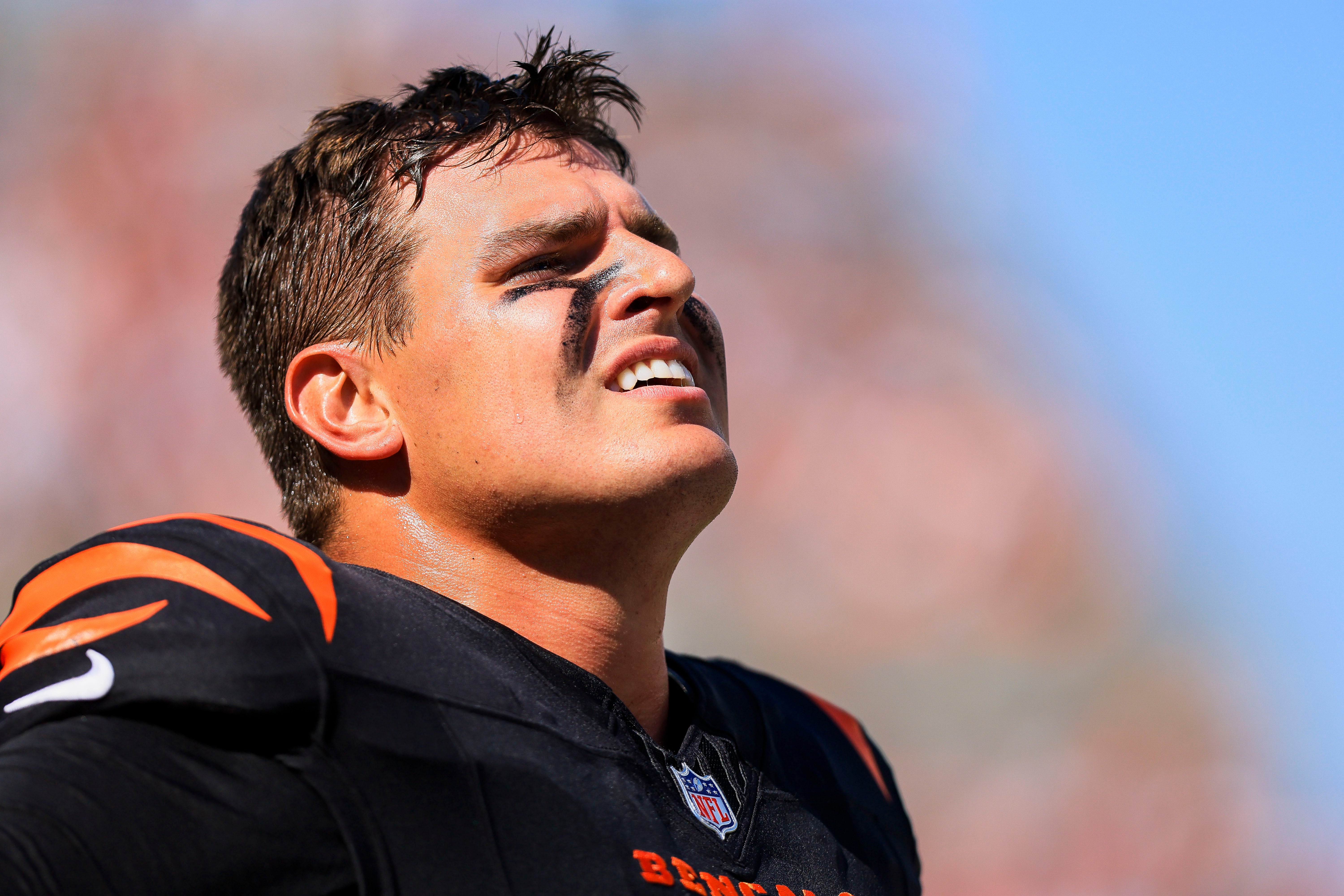 Oct 6, 2024; Cincinnati, Ohio, USA; Cincinnati Bengals defensive end Trey Hendrickson (91) stands on the sidelines during the first half against the Baltimore Ravens at Paycor Stadium.