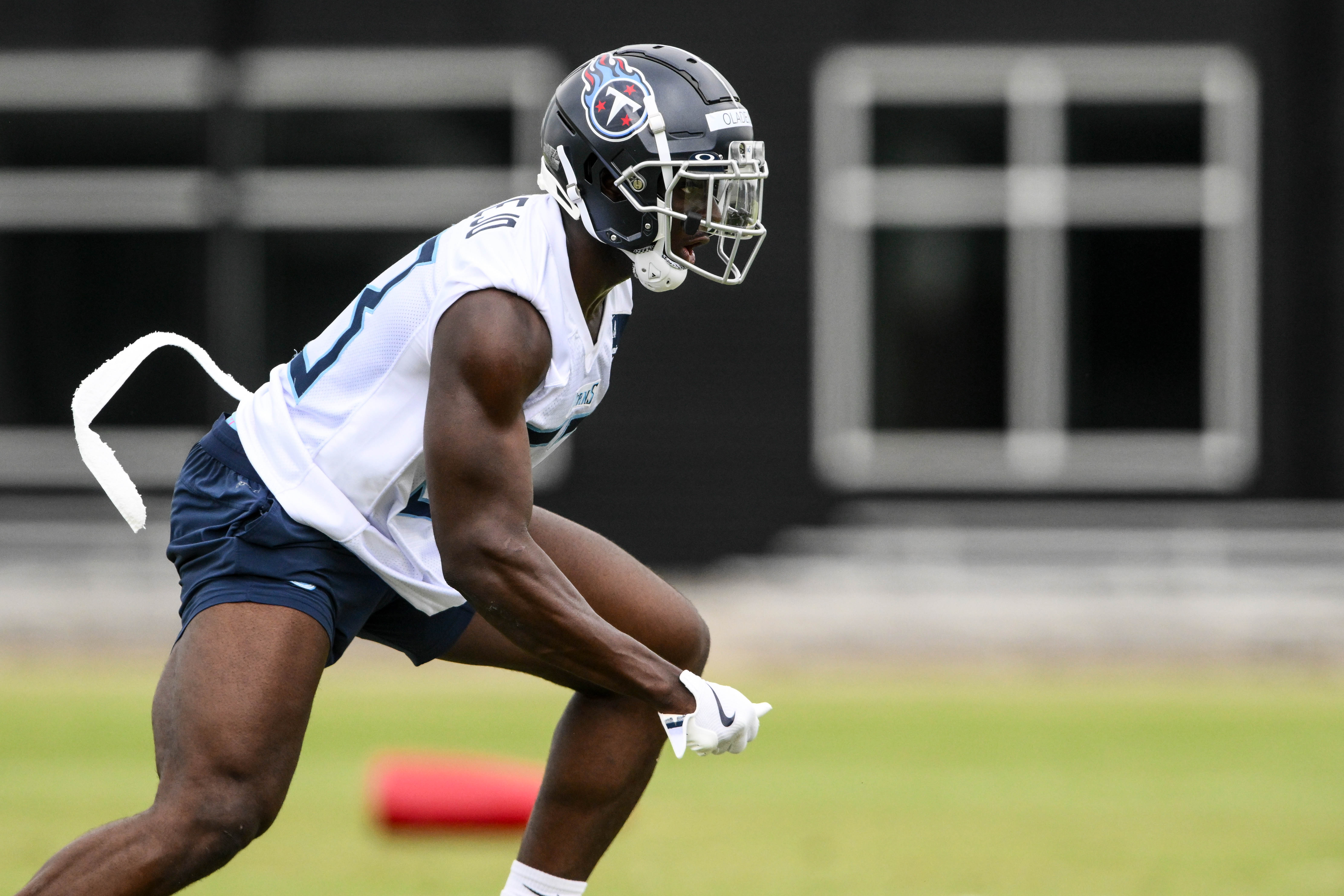 May 10, 2025; Nashville, TN, USA; Tennessee Titans outside linebacker Oluwafemi Oladejo (53) goes through drills during Rookie Mini Camp at Saint Thomas Sports Park. Mandatory Credit: Steve Roberts-Imagn Images