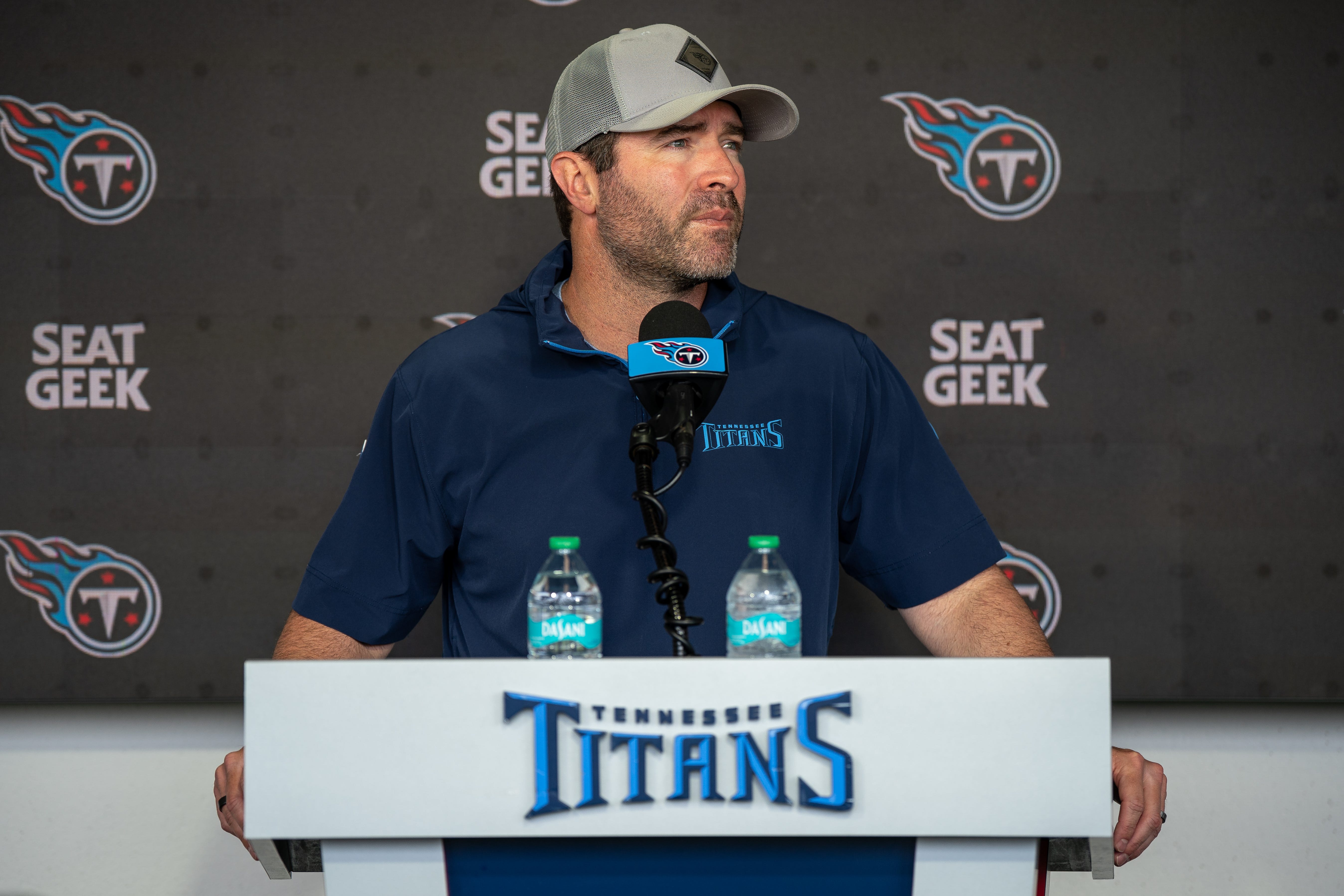 Tennessee Titans head coach Brian Callahan speaks before minicamp practice at Ascension Saint Thomas Sports Park in Nashville, Tenn., Wednesday, June 11, 2025.