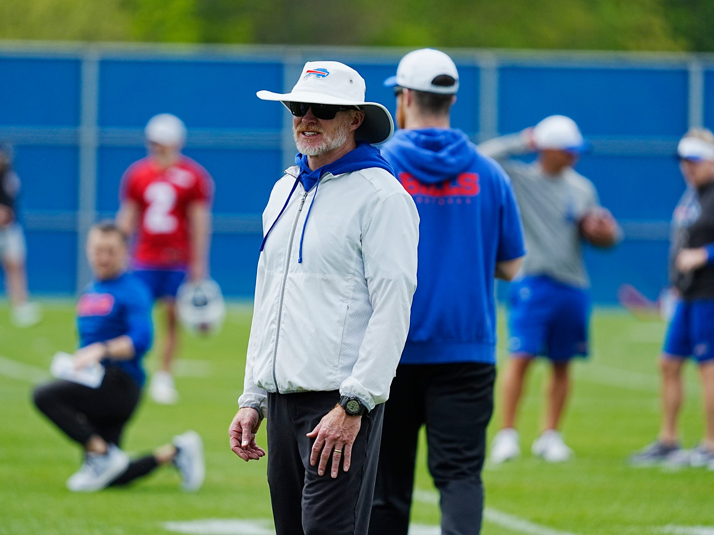 Buffalo Bills head coach Sean McDermott watches the players during the voluntary workout at their practice facility on May 27, 2025.