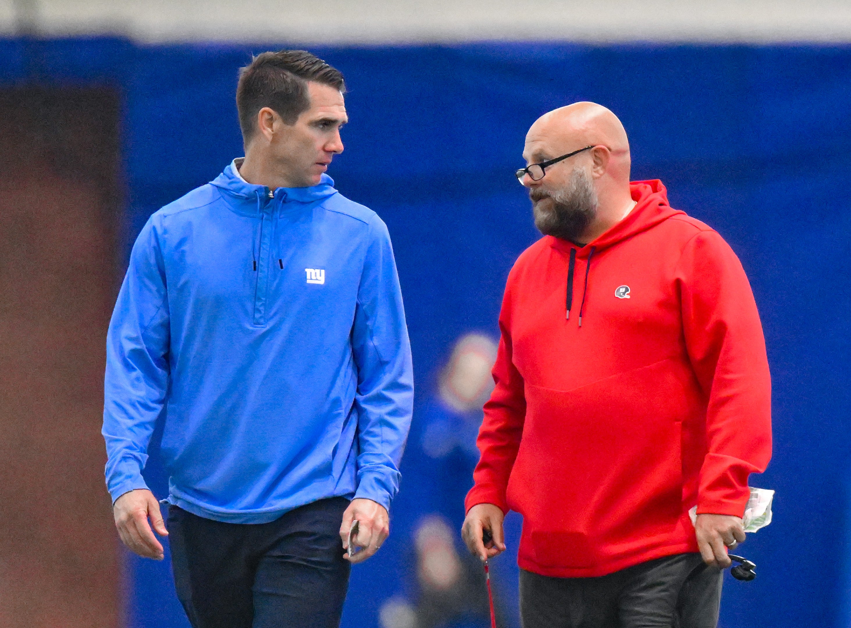Jun 17, 2025; East Rutherford, NJ, USA; New York Giants general manager Joe Schoen (left) and head coach Brian Daboll talk during minicamp at Quest Diagnostics Training Center.