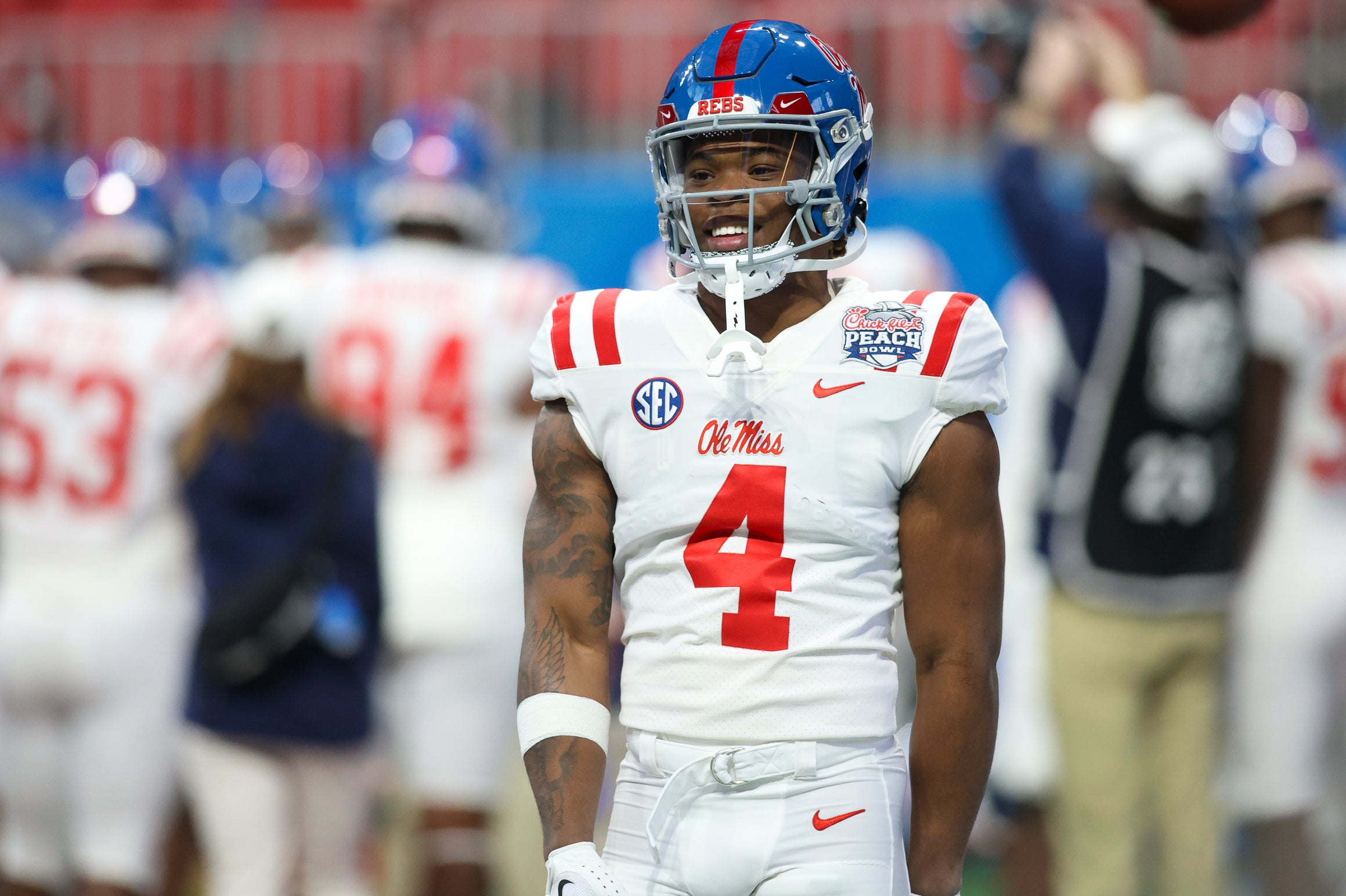 Dec 30, 2023; Atlanta, GA, USA; Mississippi Rebels running back Quinshon Judkins (4) prepares for a game against the Penn State Nittany Lions at Mercedes-Benz Stadium.