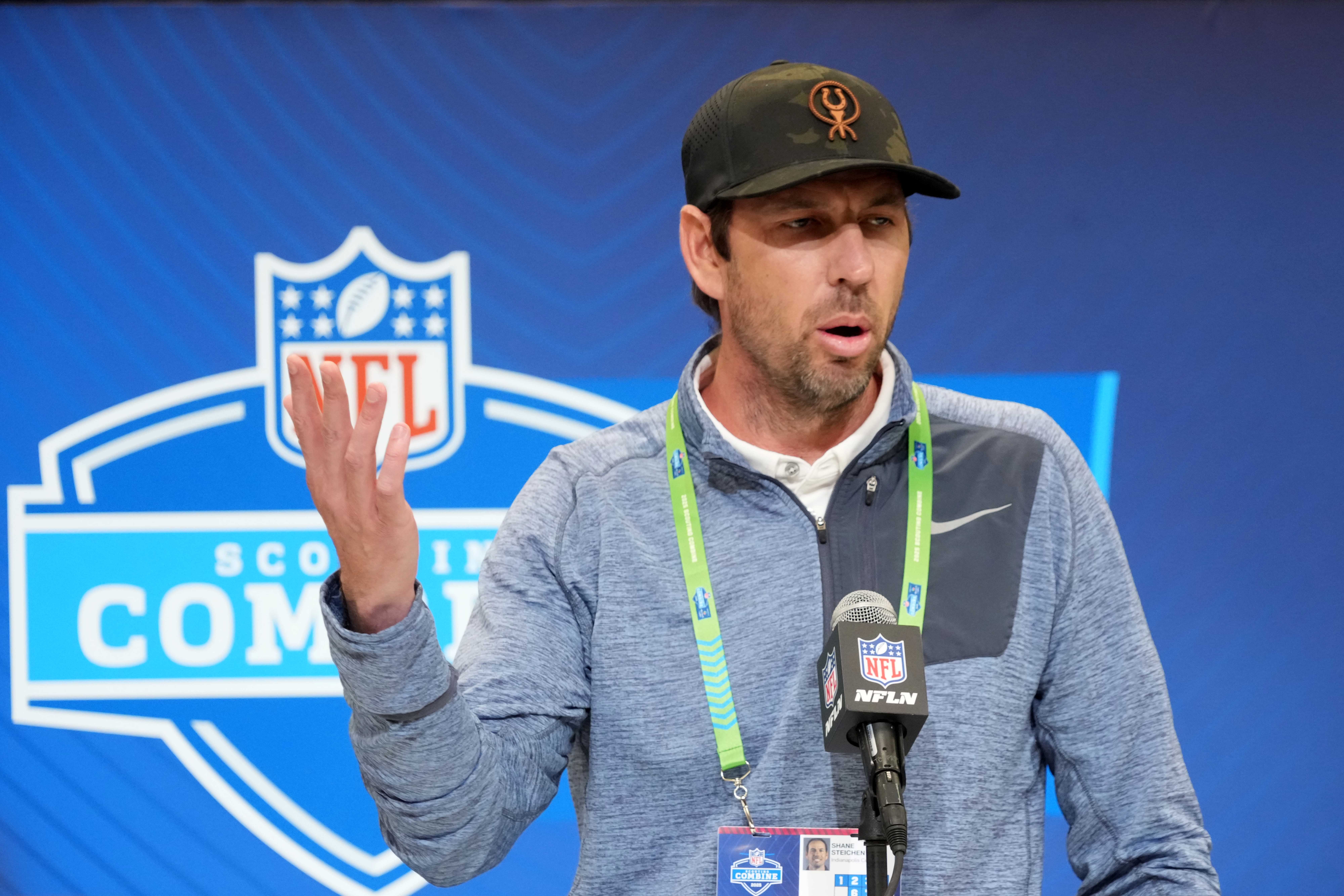 Feb 25, 2025; Indianapolis, IN, USA; Indianapolis Colts coach Shane Steichen speaks during the NFL Scouting Combine at the Indiana Convention Center.