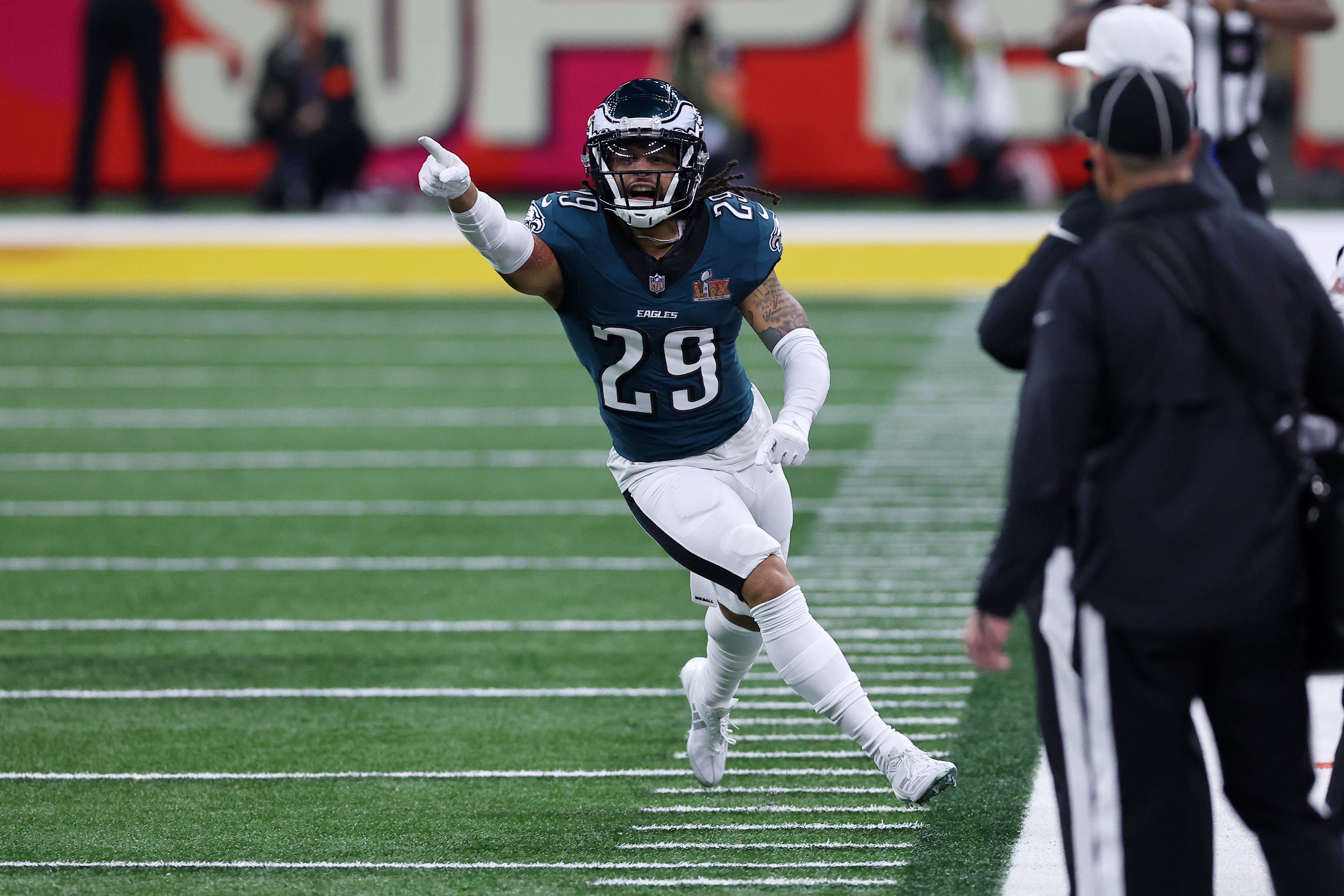 Philadelphia Eagles cornerback Avonte Maddox (29) reacts after a defensive stop against the Kansas City Chiefs during the second half of Super Bowl LIX at Caesars Superdome.