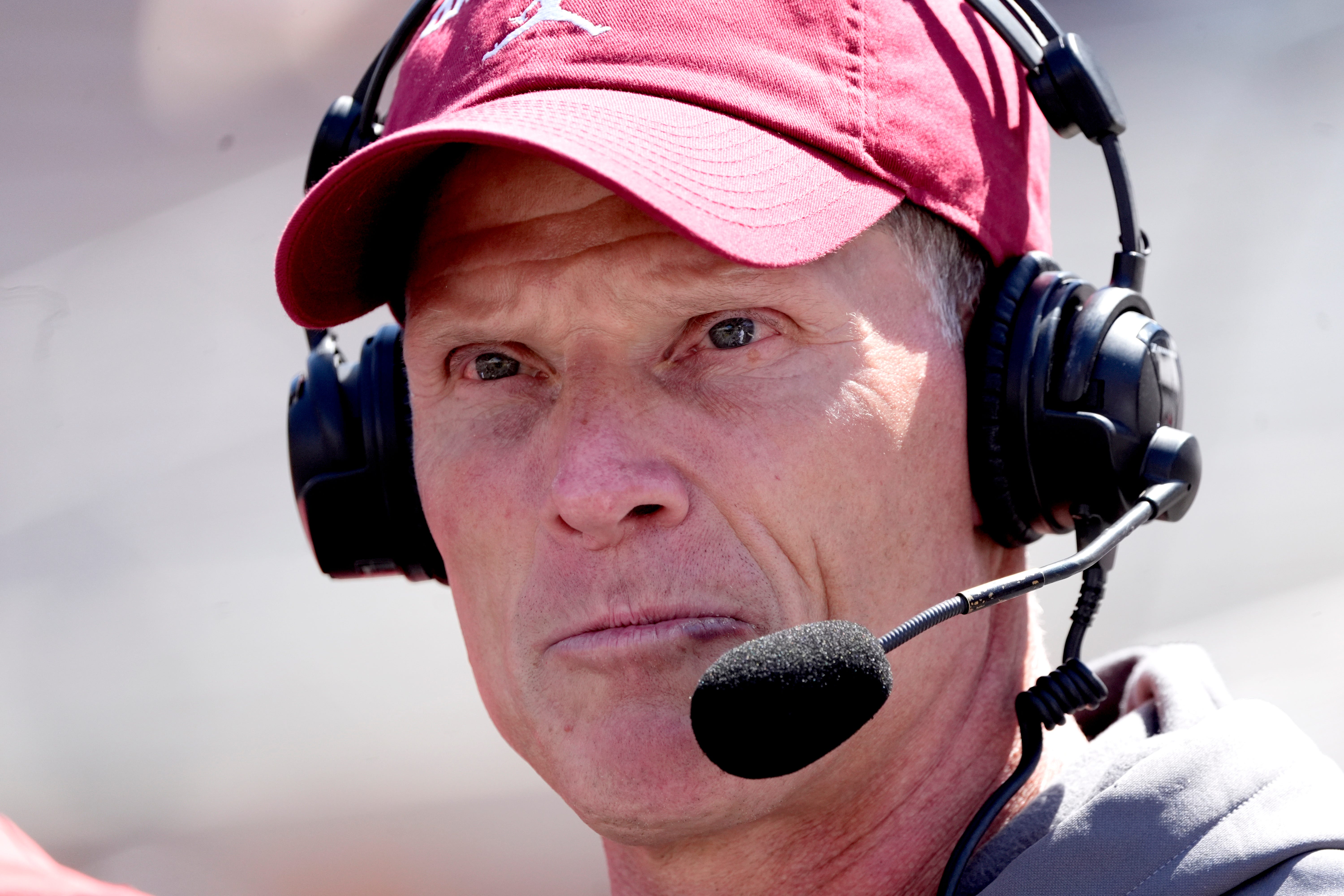 Oklahoma head football coach Brent Venables speaks on the radio during the University of Oklahoma Sooners Crimson Combine at Gaylord Family - Oklahoma Memorial Stadium in Norman, Okla., Saturday, April, 12, 2025.