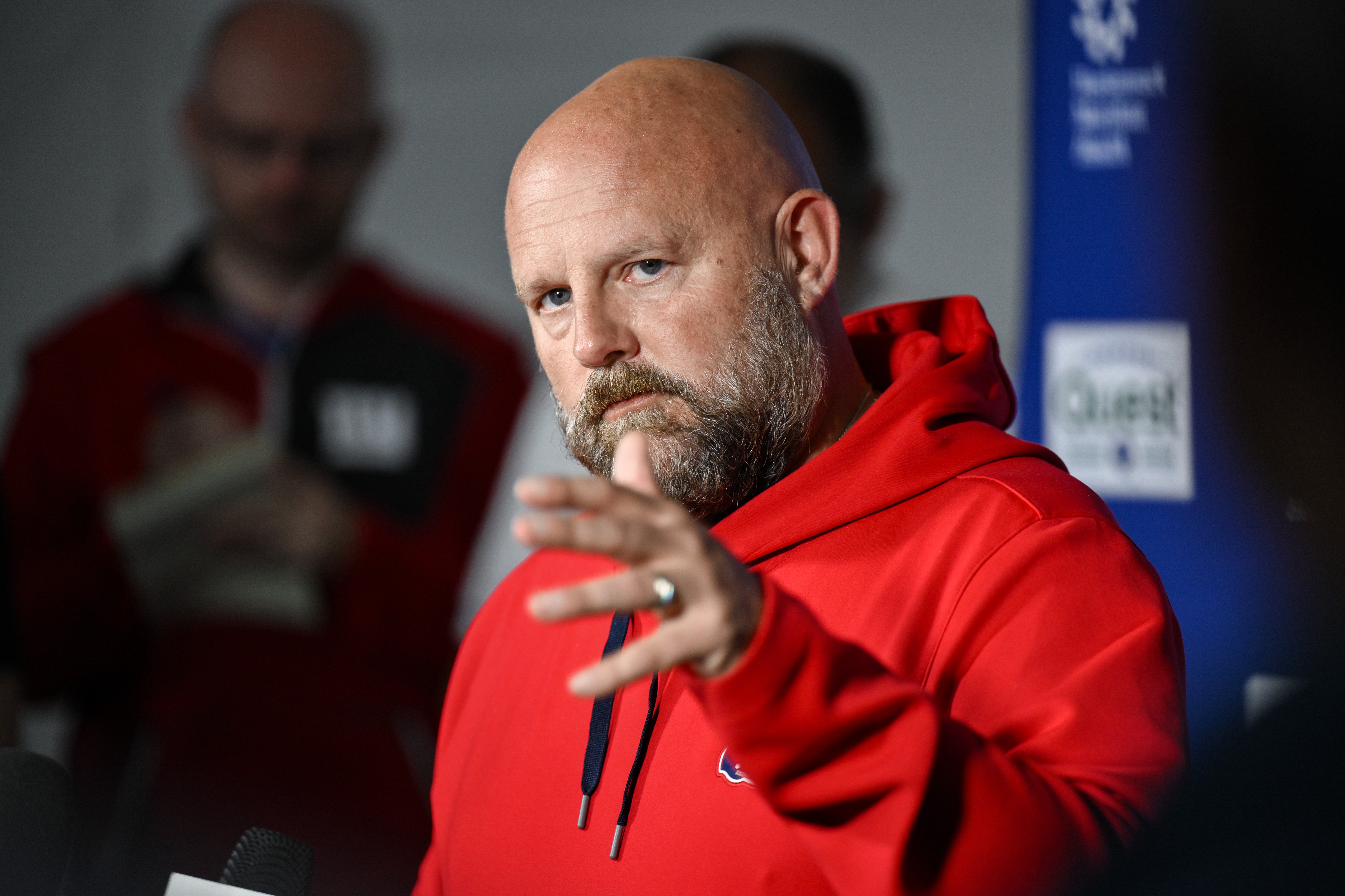 Jun 17, 2025; East Rutherford, NJ, USA; New York Giants head coach Brian Daboll speaks at a press conference during minicamp at Quest Diagnostics Training Center.