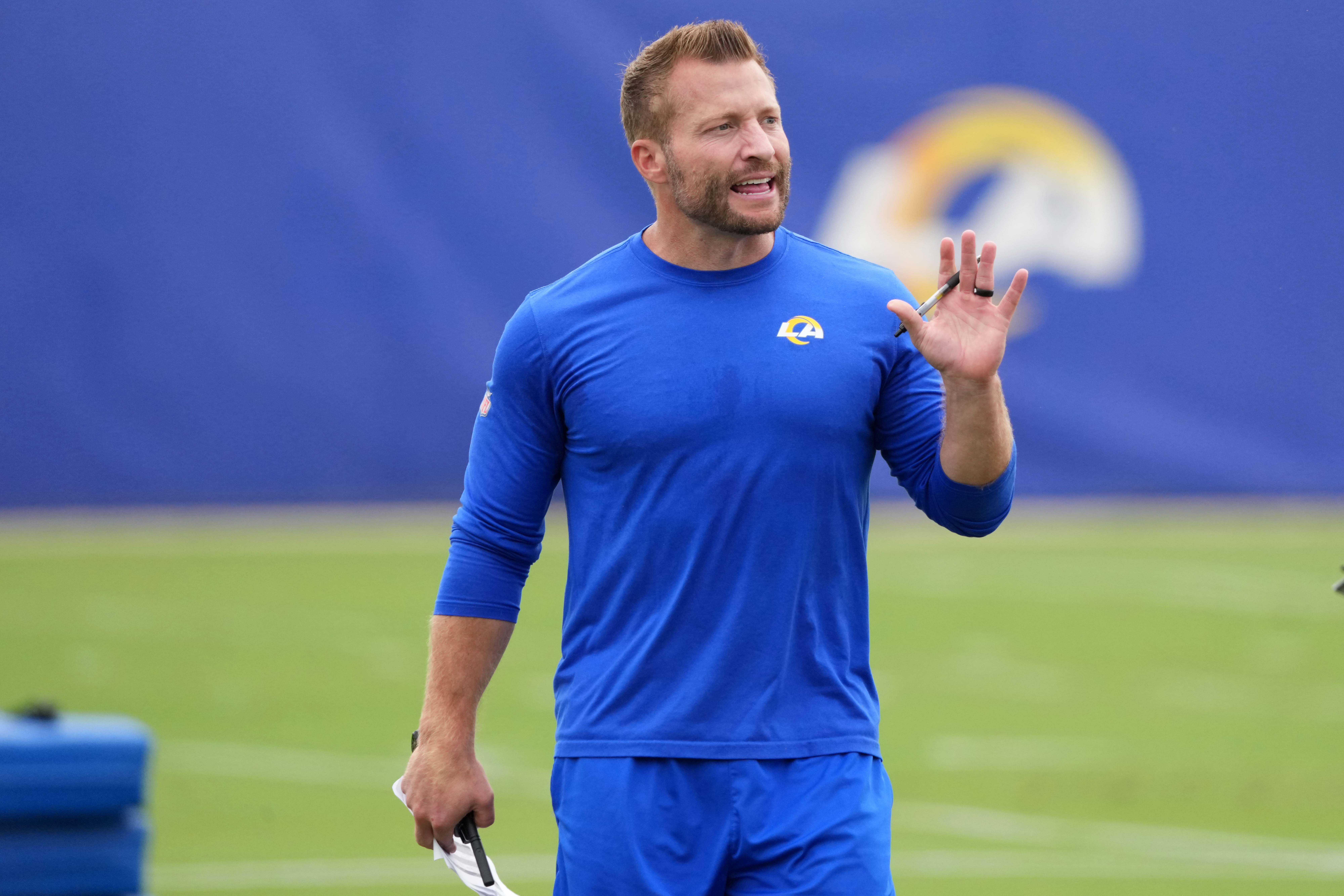 May 28, 2025; Woodland Hills, CA, USA; Los Angeles Rams coach Sean McVay reacts during organized team activities at Rams Practice Facility.