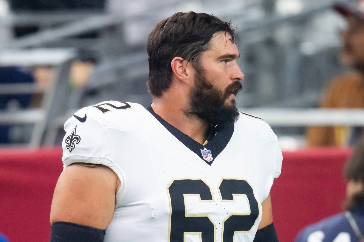 Aug 10, 2024; Glendale, Arizona, USA; New Orleans Saints guard Lucas Patrick (62) against the Arizona Cardinals during a preseason NFL game at State Farm Stadium.