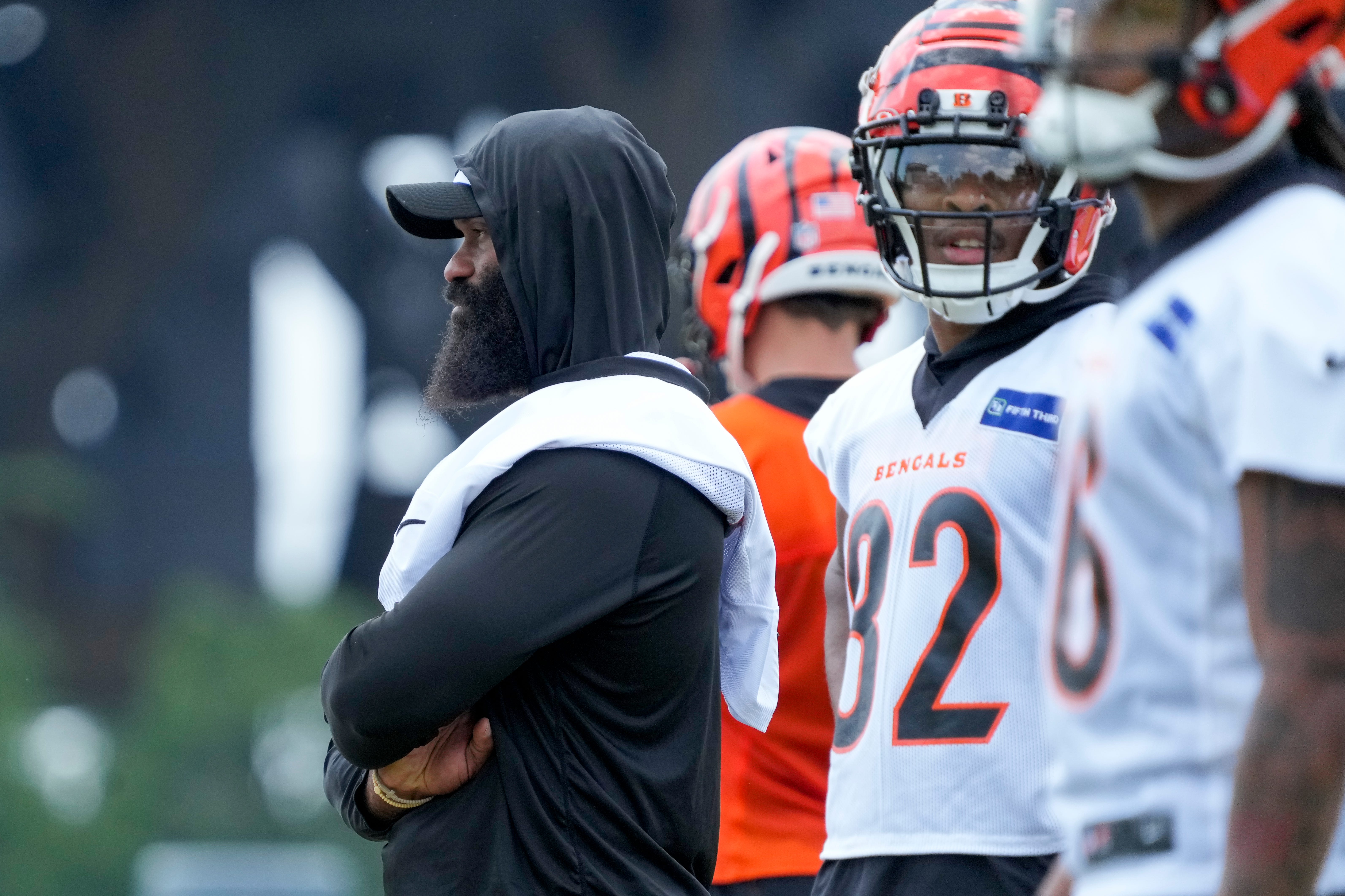 Cincinnati Bengals running back Samaje Perine (34) watches during a session of organized team activities on the Bengals practice field at Paycor Stadium in downtown Cincinnati on Tuesday, June 3, 2025.