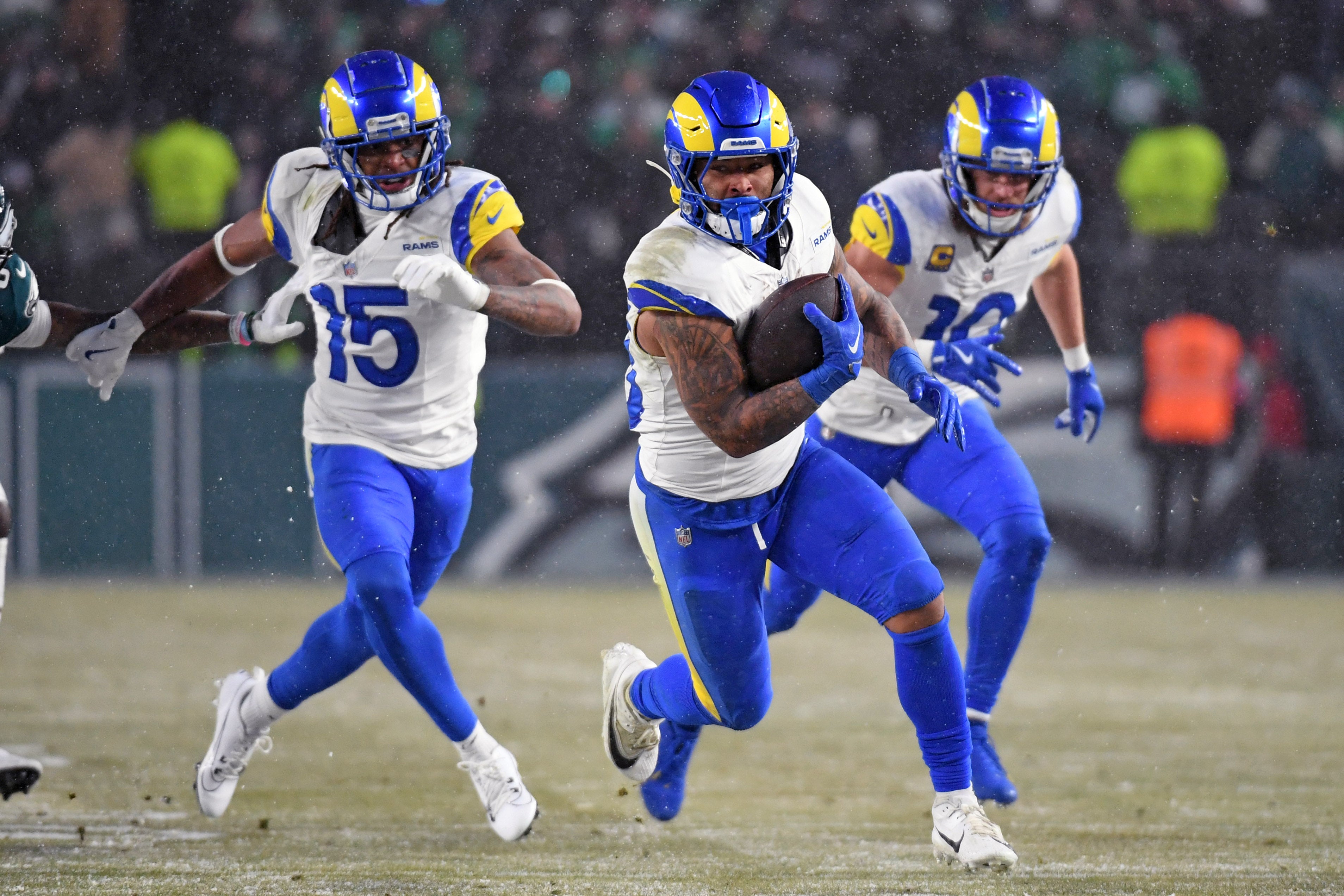 Jan 19, 2025; Philadelphia, Pennsylvania, USA; Los Angeles Rams running back Kyren Williams (23) runs with the ball against the Philadelphia Eagles in a 2025 NFC divisional round game at Lincoln Financial Field.