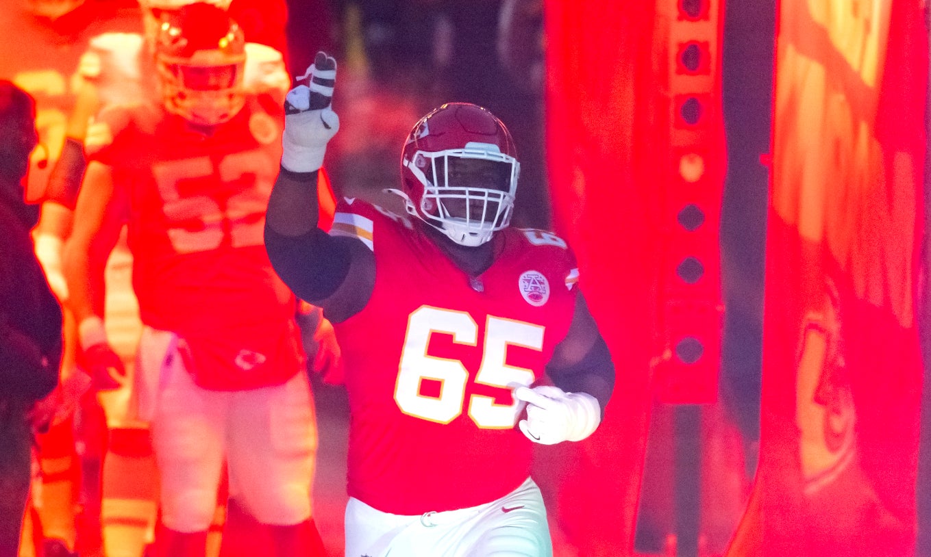 Jan 26, 2025; Kansas City, MO, USA; Kansas City Chiefs guard Trey Smith (65) against the Buffalo Bills in the AFC Championship game at GEHA Field at Arrowhead Stadium.