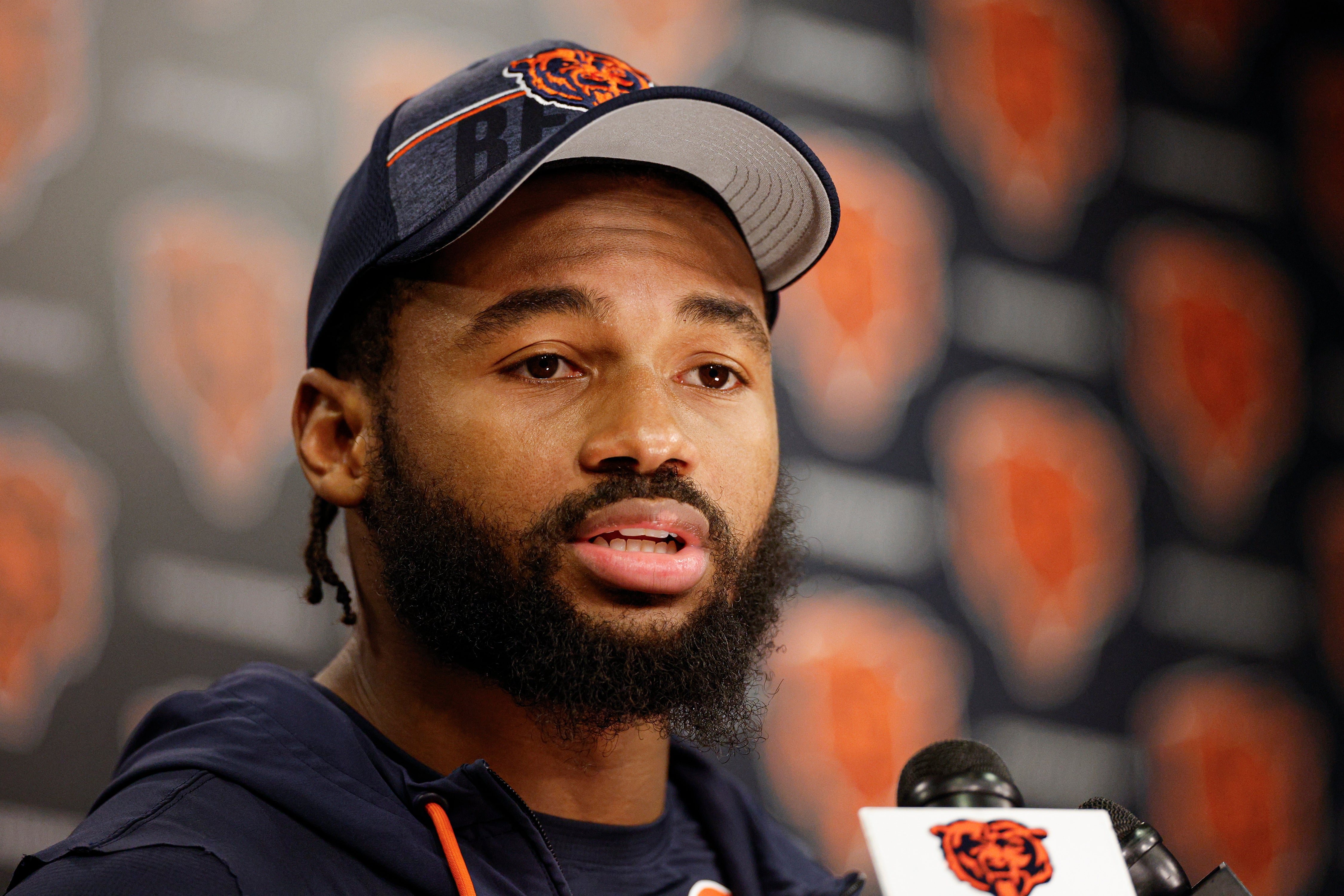 Jun 3, 2025; Lake Forest, IL, USA; Chicago Bears running back D'Andre Swift (4) speaks during minicamp at Halas Hall.