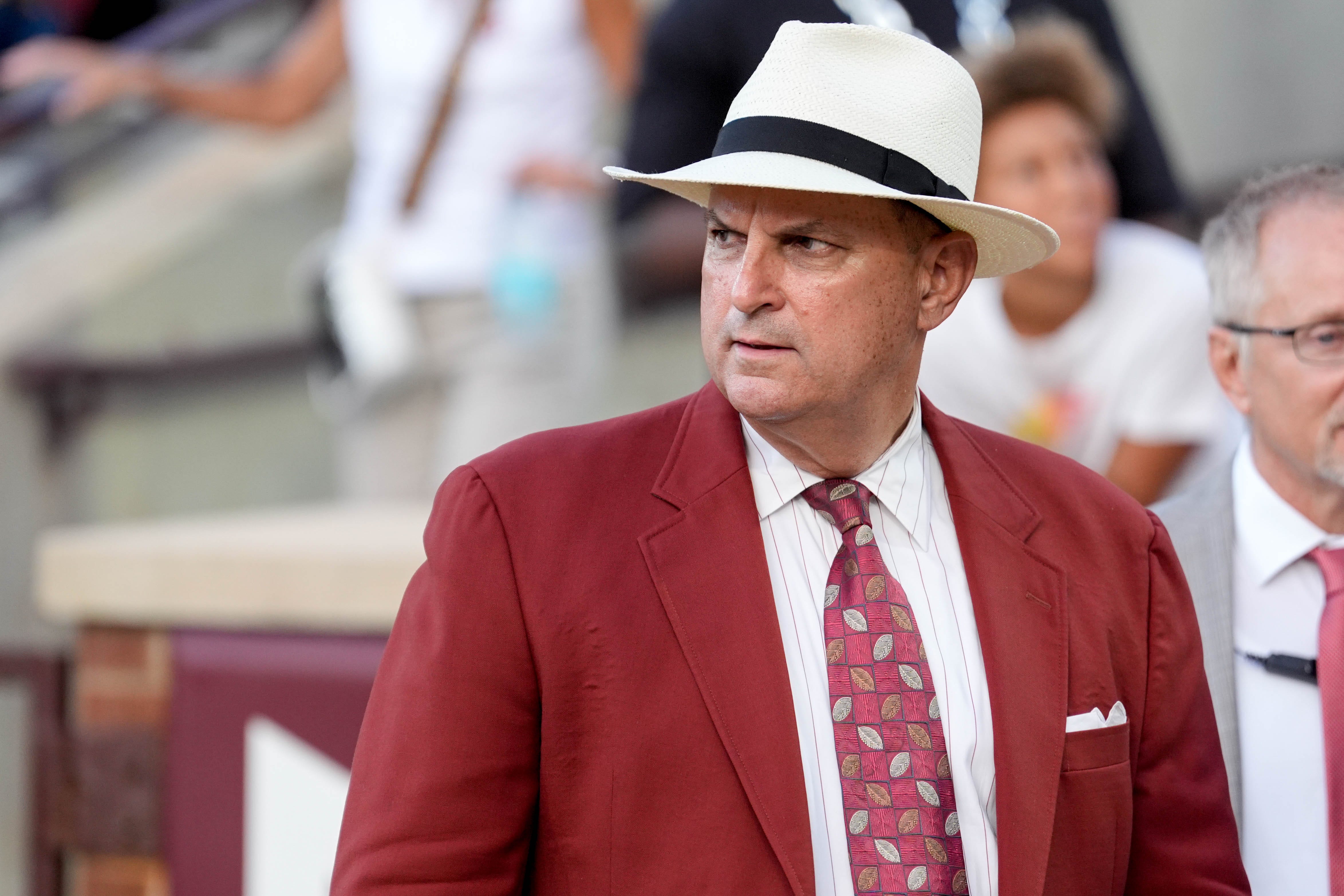 Joe Castiglione walks the sidelines in the second half of an NCAA football game between Oklahoma (OU) and Temple at the Gaylord Family Oklahoma Memorial Stadium in Norman, Okla., on Friday, Aug. 30, 2024.