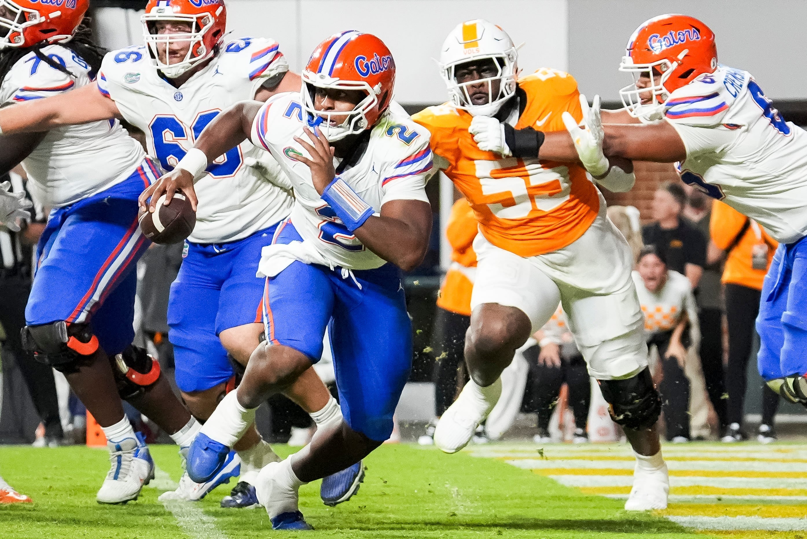 Oct 12, 2024; Knoxville, Tennessee, USA; Florida Gators quarterback DJ Lagway (2) runs with the ball against the Tennessee Volunteers at Neyland Stadium.