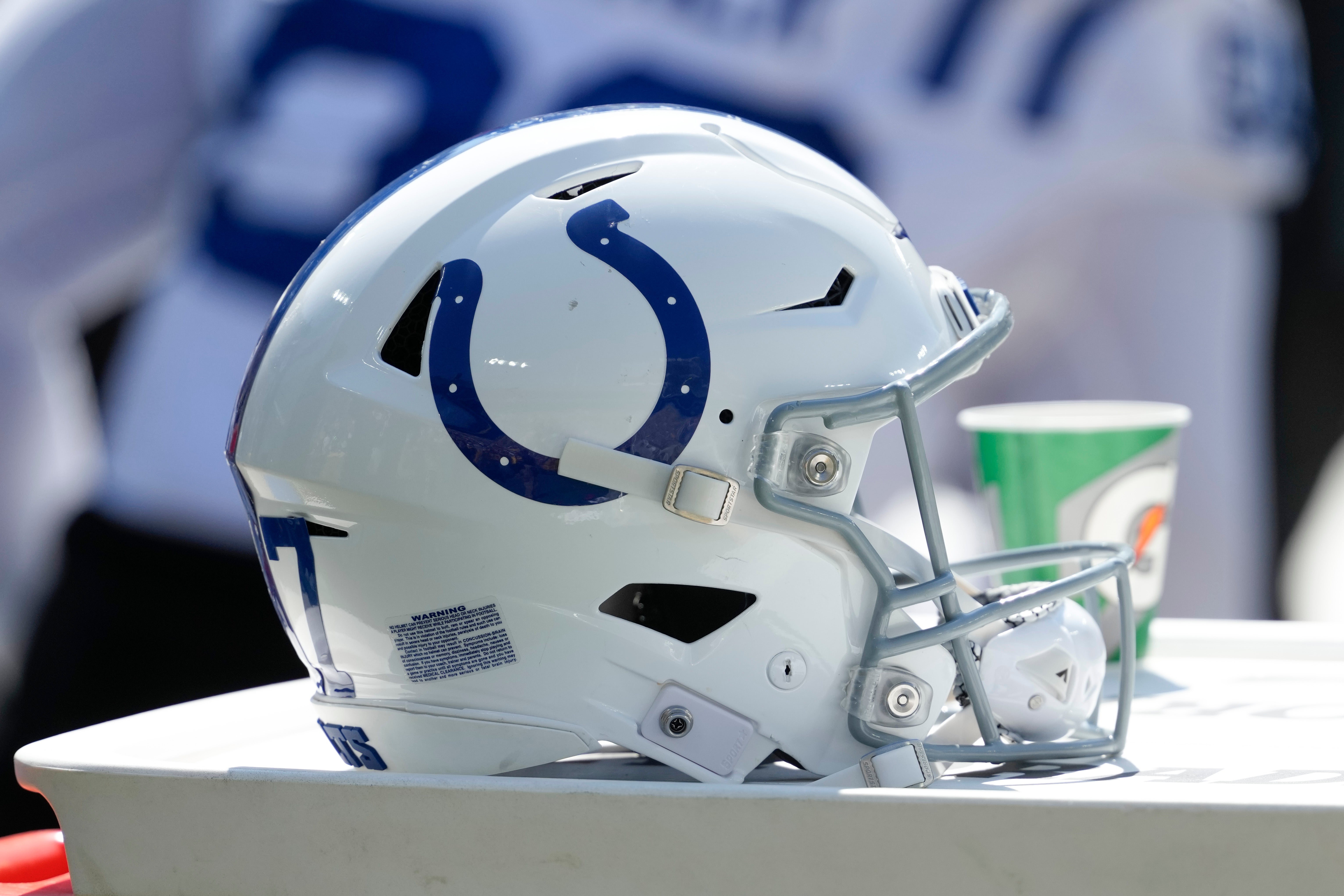 Sep 15, 2024; Green Bay, Wisconsin, USA; General view of an Indianapolis Colts helmet during the game against the Green Bay Packers at Lambeau Field.