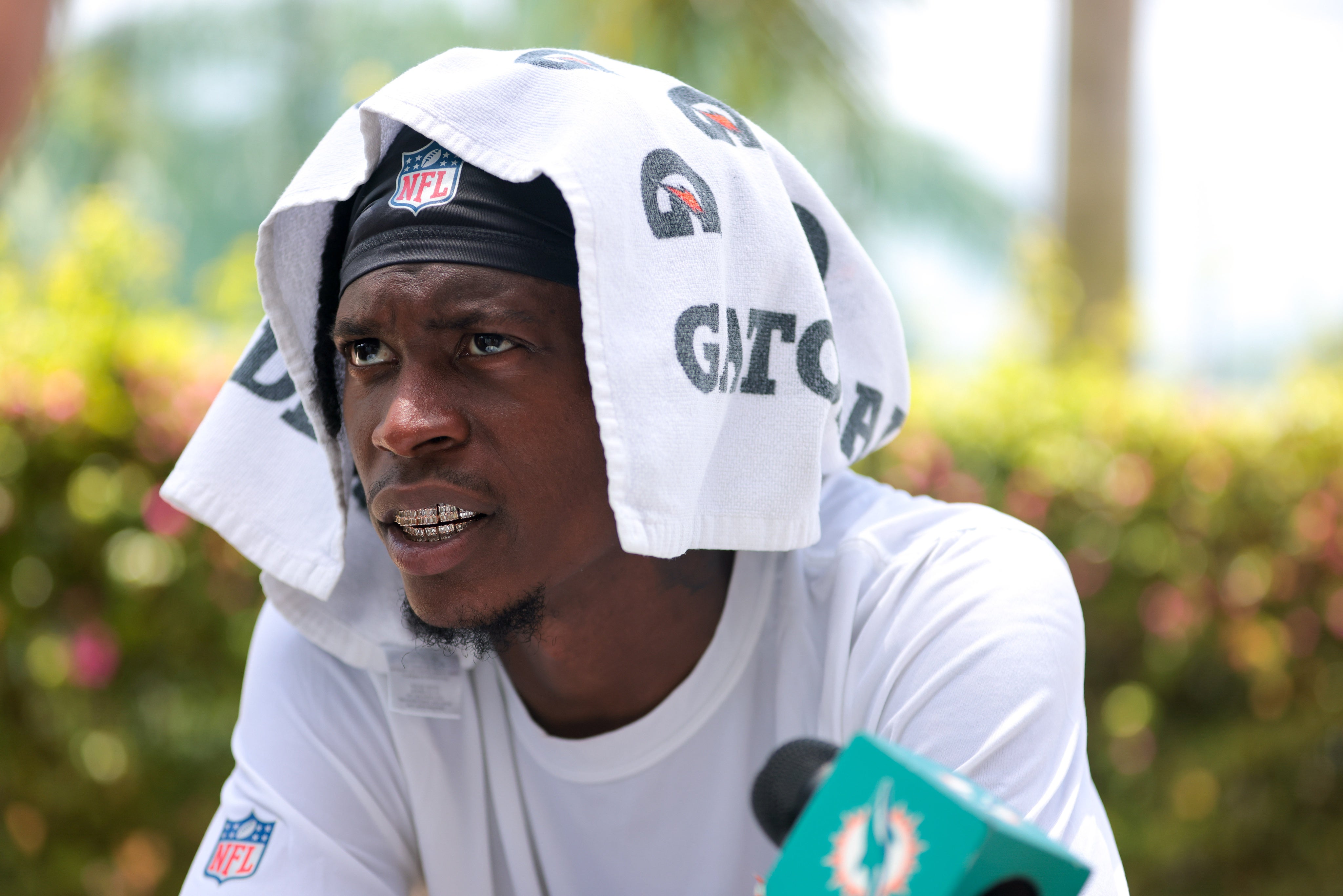 Miami Dolphins cornerback Cam Smith (24) speaks to reporters after practicing during mandatory minicamp at Hard Rock Stadium.