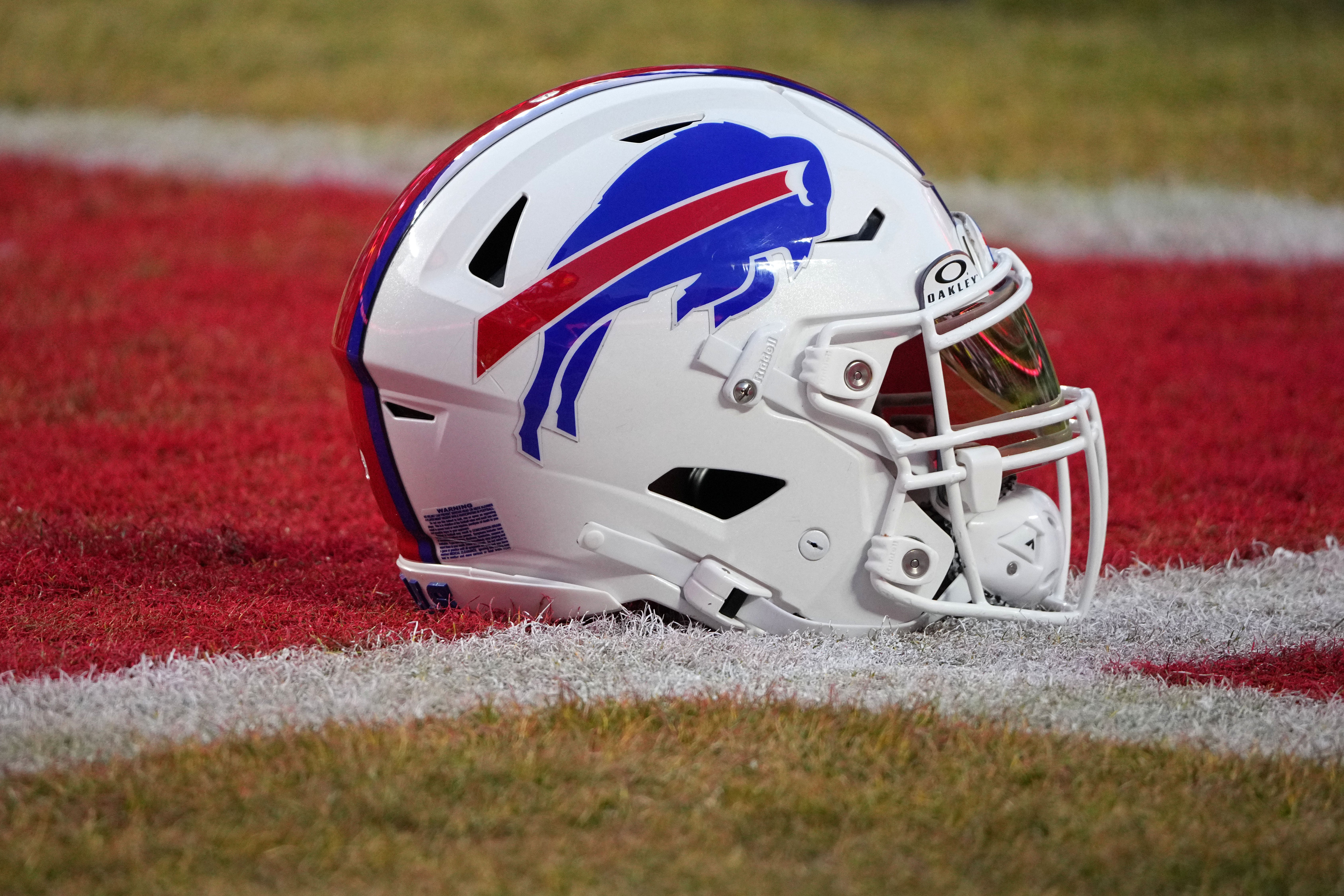 Jan 26, 2025; Kansas City, MO, USA; A detailed view of the Buffalo Bills helmet before the AFC Championship game against the Kansas City Chiefs at GEHA Field at Arrowhead Stadium.