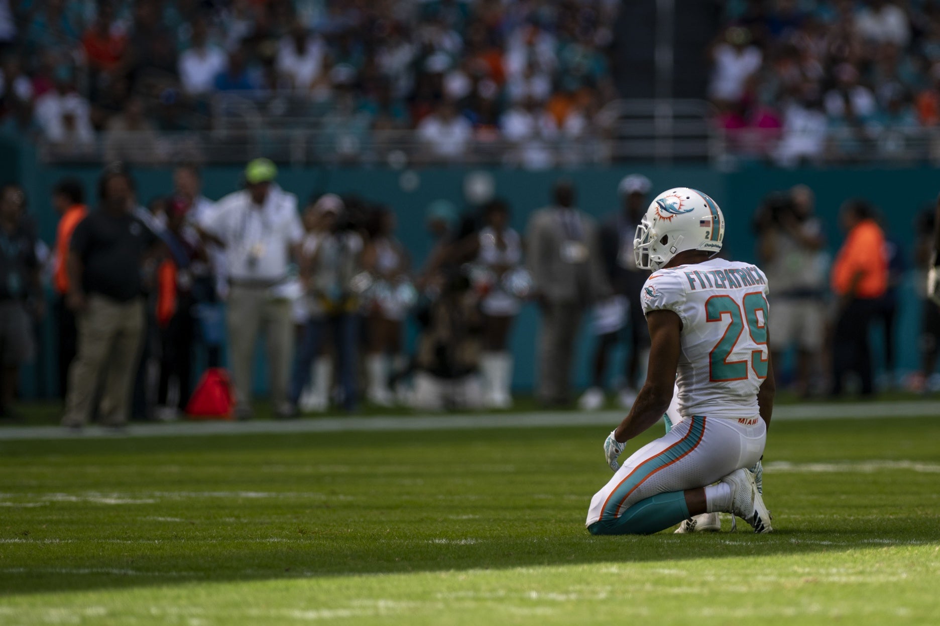 Miami Dolphins safety Minkah Fitzpatrick (29) reacts during the second quarter against the Chicago Bears at Hard Rock Stadium.
