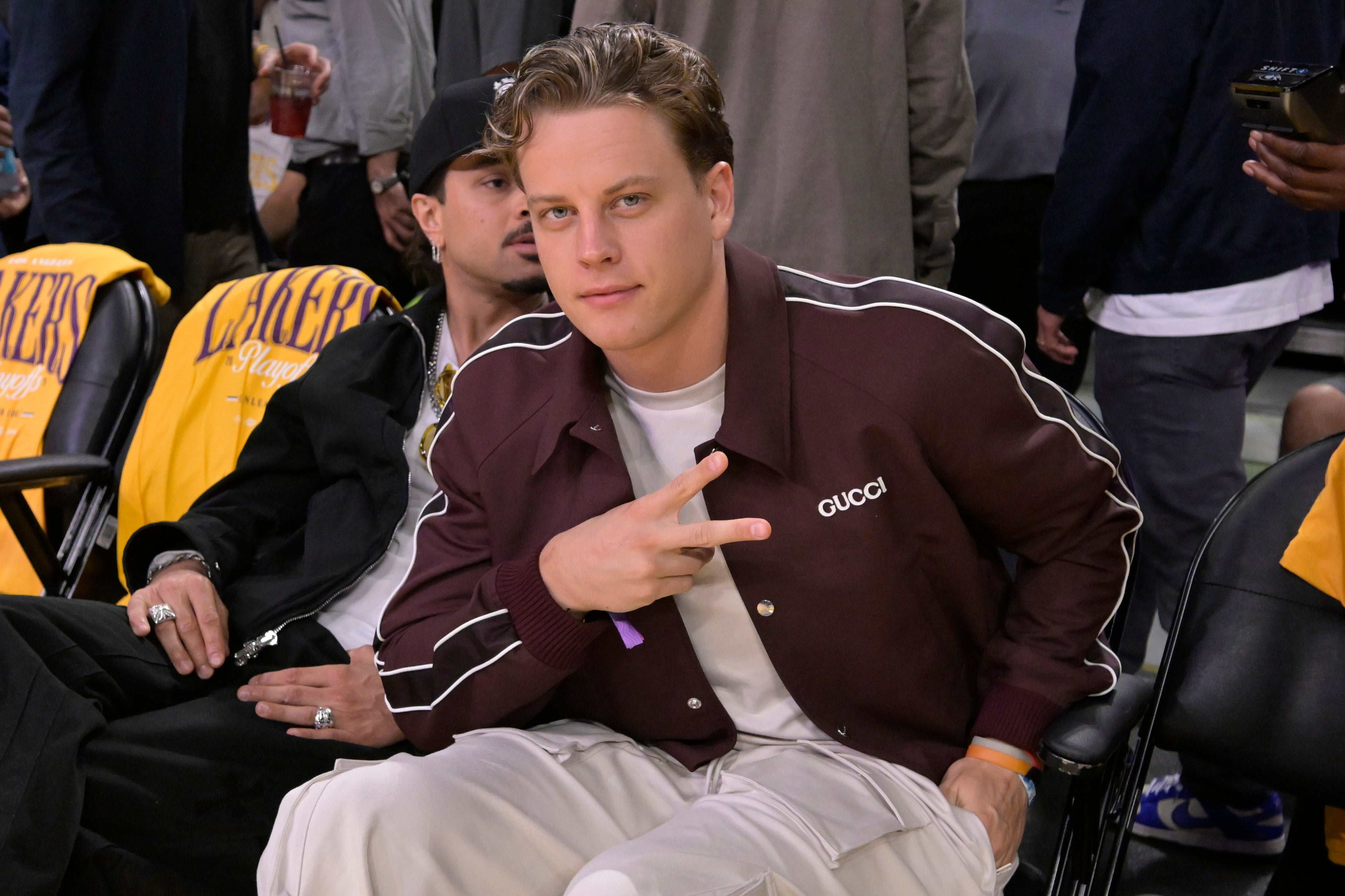 Apr 19, 2025; Los Angeles, California, USA; Cincinnati Bengals quarterback Joe Burrow attends the game between the Los Angeles Lakers and the Minnesota Timberwolves at Crypto.com Arena.