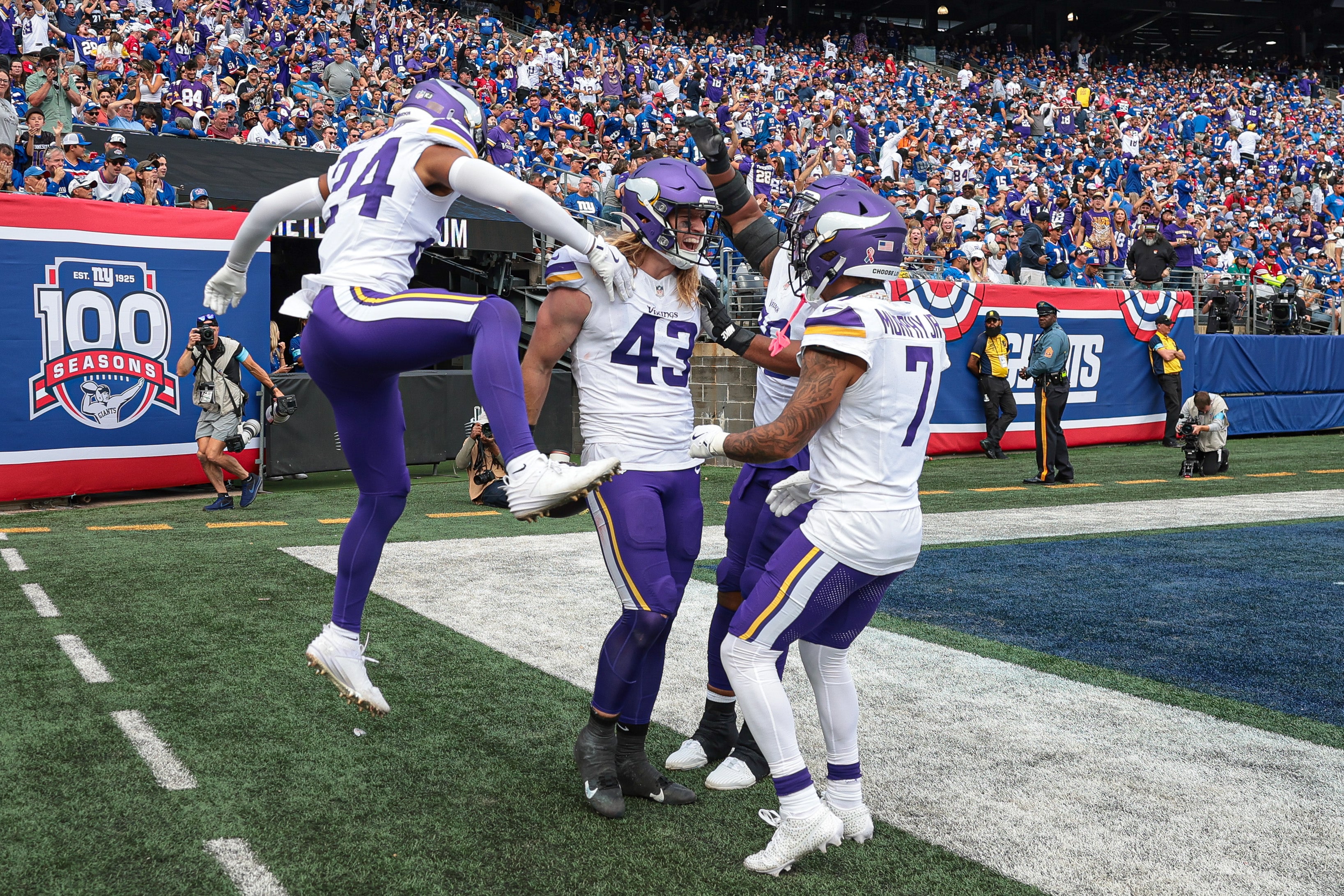 Sep 8, 2024; East Rutherford, New Jersey, USA; Minnesota Vikings linebacker Andrew Van Ginkel (43) celebrates his interception return for a touchdown against the New York Giants during the second half at MetLife Stadium.