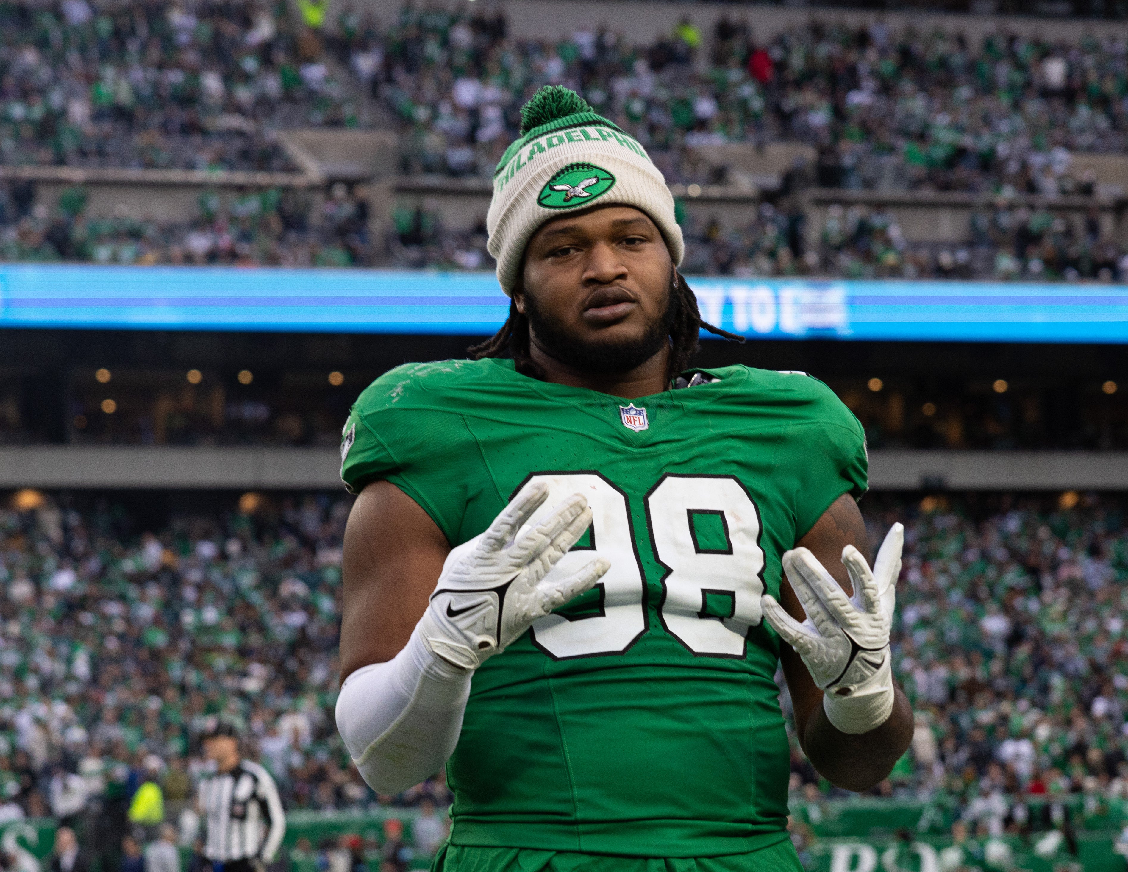 Philadelphia Eagles defensive tackle Jalen Carter (98) reacts on the sideline during the fourth quarter against the Dallas Cowboys at Lincoln Financial Field.