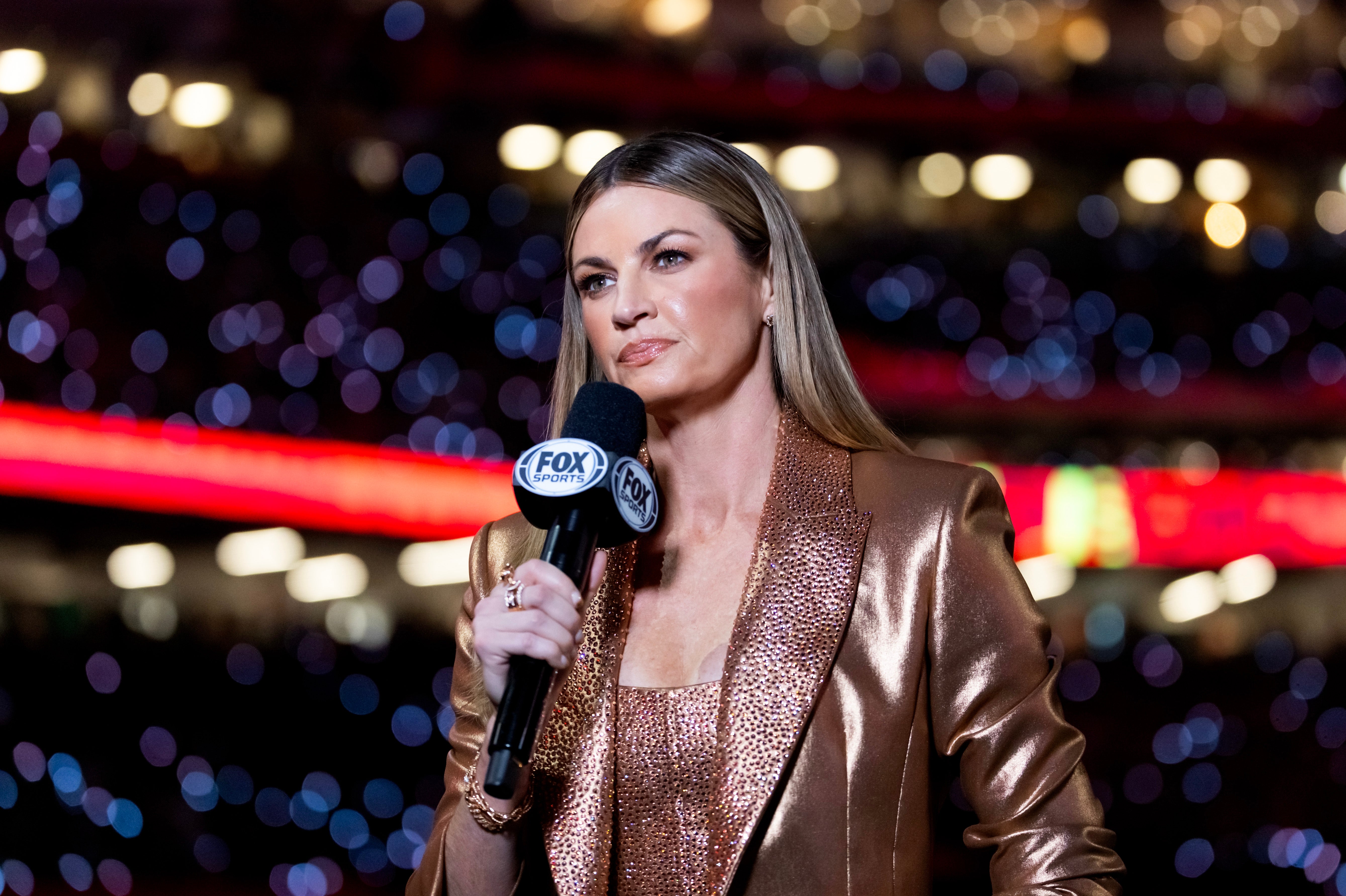 Feb 9, 2025; New Orleans, LA, USA; Fox Sports sideline reporter Erin Andrews during the Kansas City Chiefs game against the Philadelphia Eagles in Super Bowl LIX at Ceasars Superdome.
