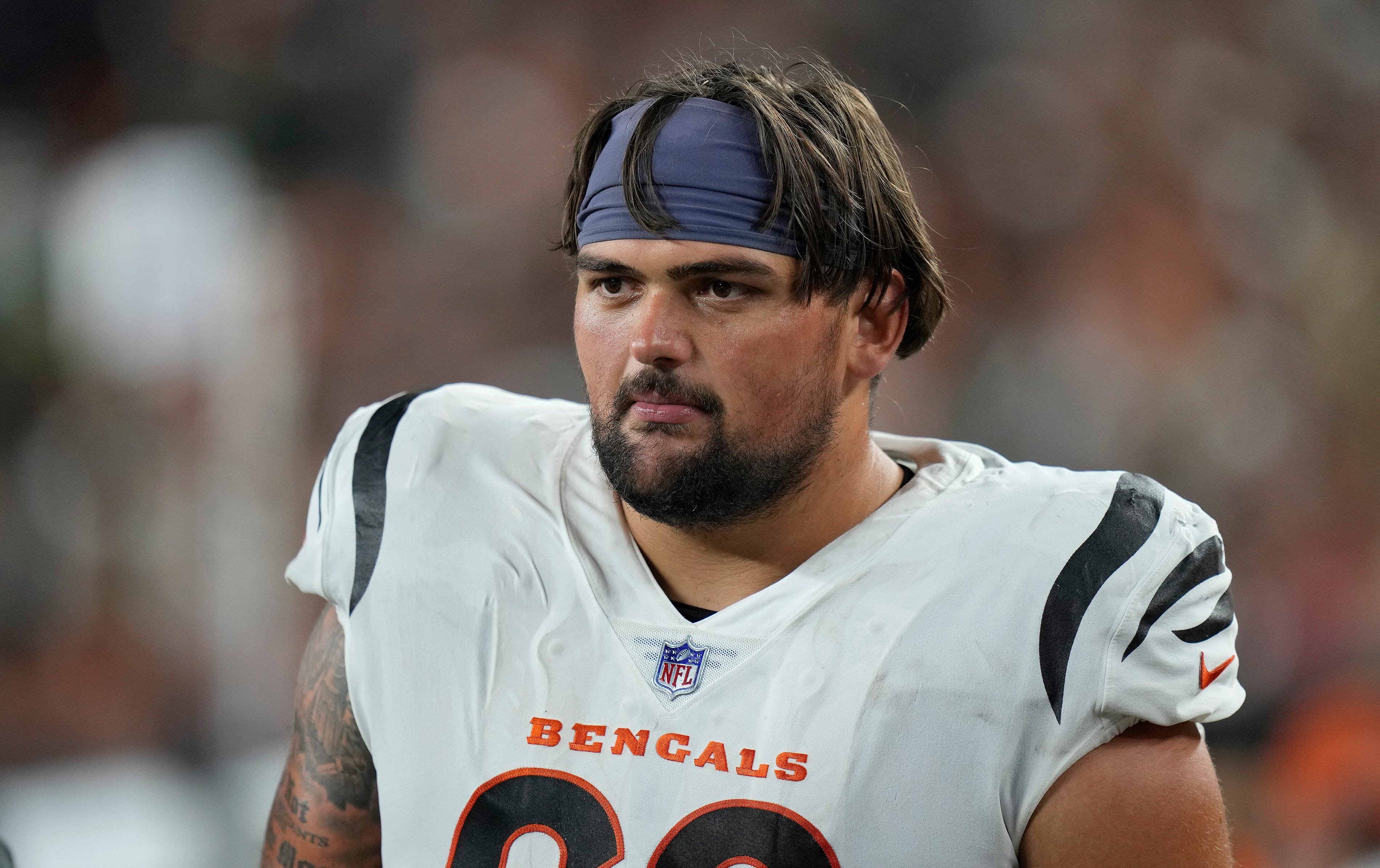 Cincinnati Bengals guard Jaxson Kirkland (60) during a timeout against the Indianapolis Colts Thursday, August 22, 2024 at Paycor Stadium.