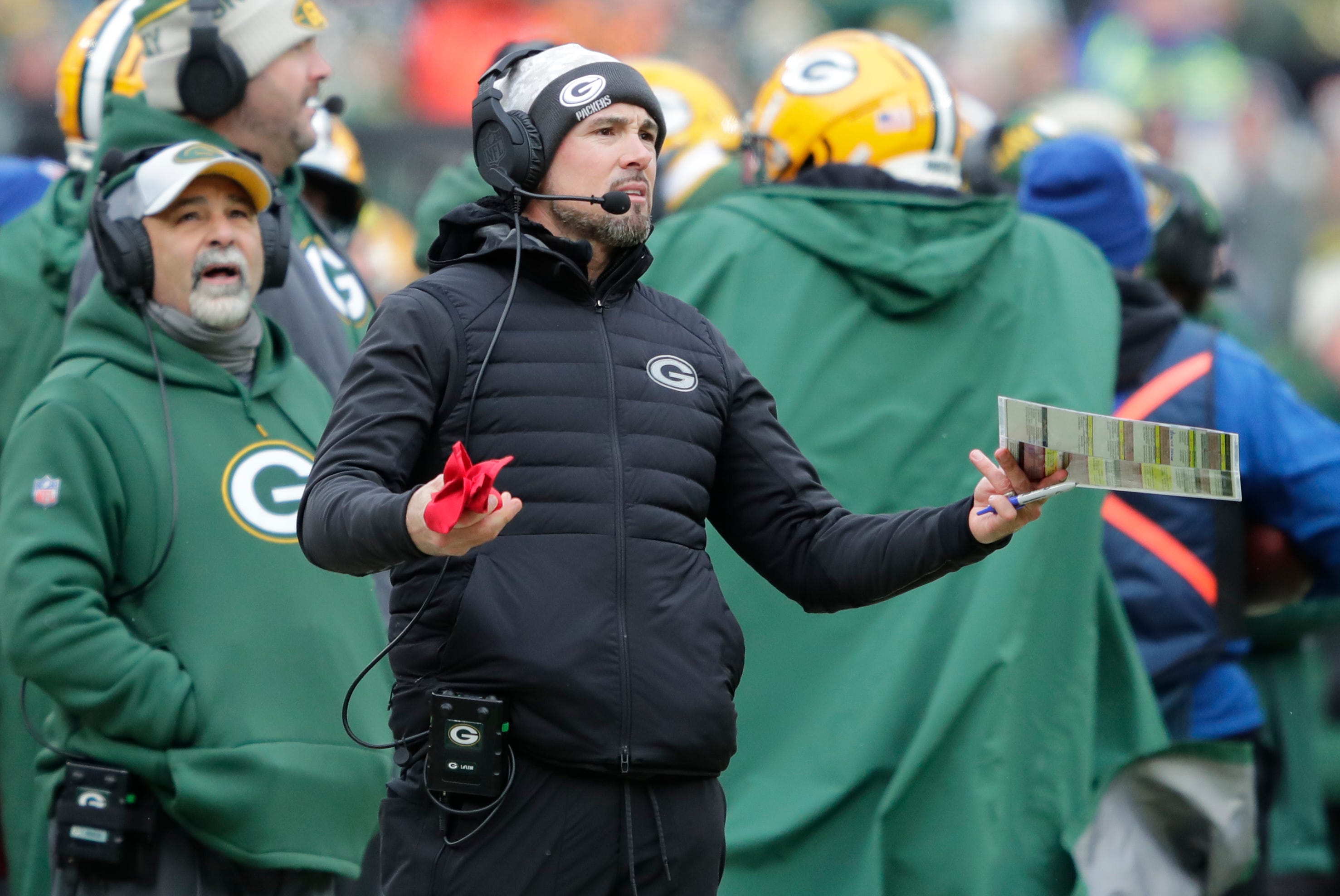 Green Bay Packers coach Matt LaFleur questions a call by the officials during the game against the Chicago Bears on Sunday, January 5, 2025, at Lambeau Field in Green Bay, Wisconsin.