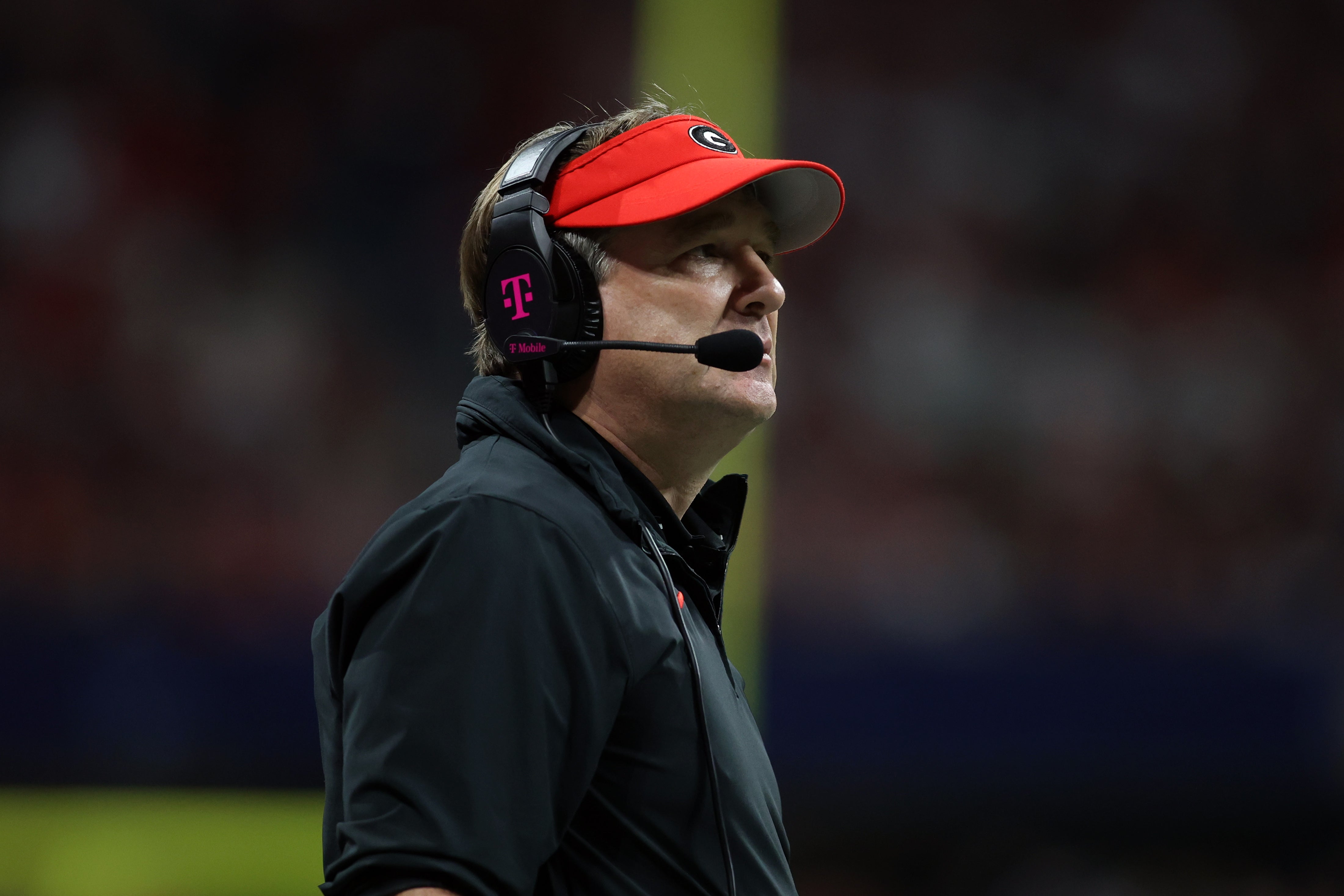 Georgia Bulldogs head coach Kirby Smart looks on in the third quarter against the Alabama Crimson Tide at Mercedes-Benz Stadium.