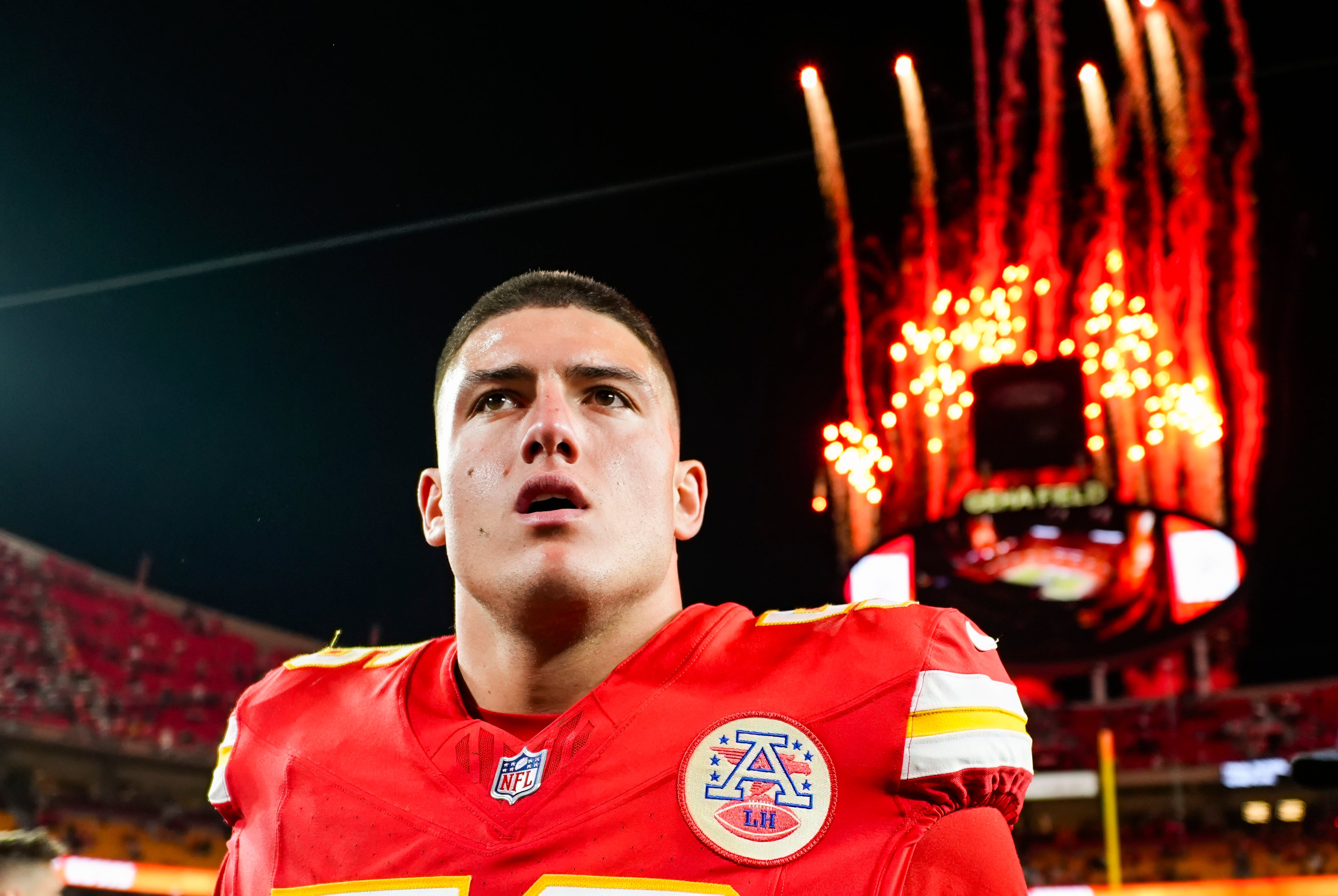 Oct 7, 2024; Kansas City, Missouri, USA; Kansas City Chiefs defensive end George Karlaftis (56) after defeating the New Orleans Saints at GEHA Field at Arrowhead Stadium.