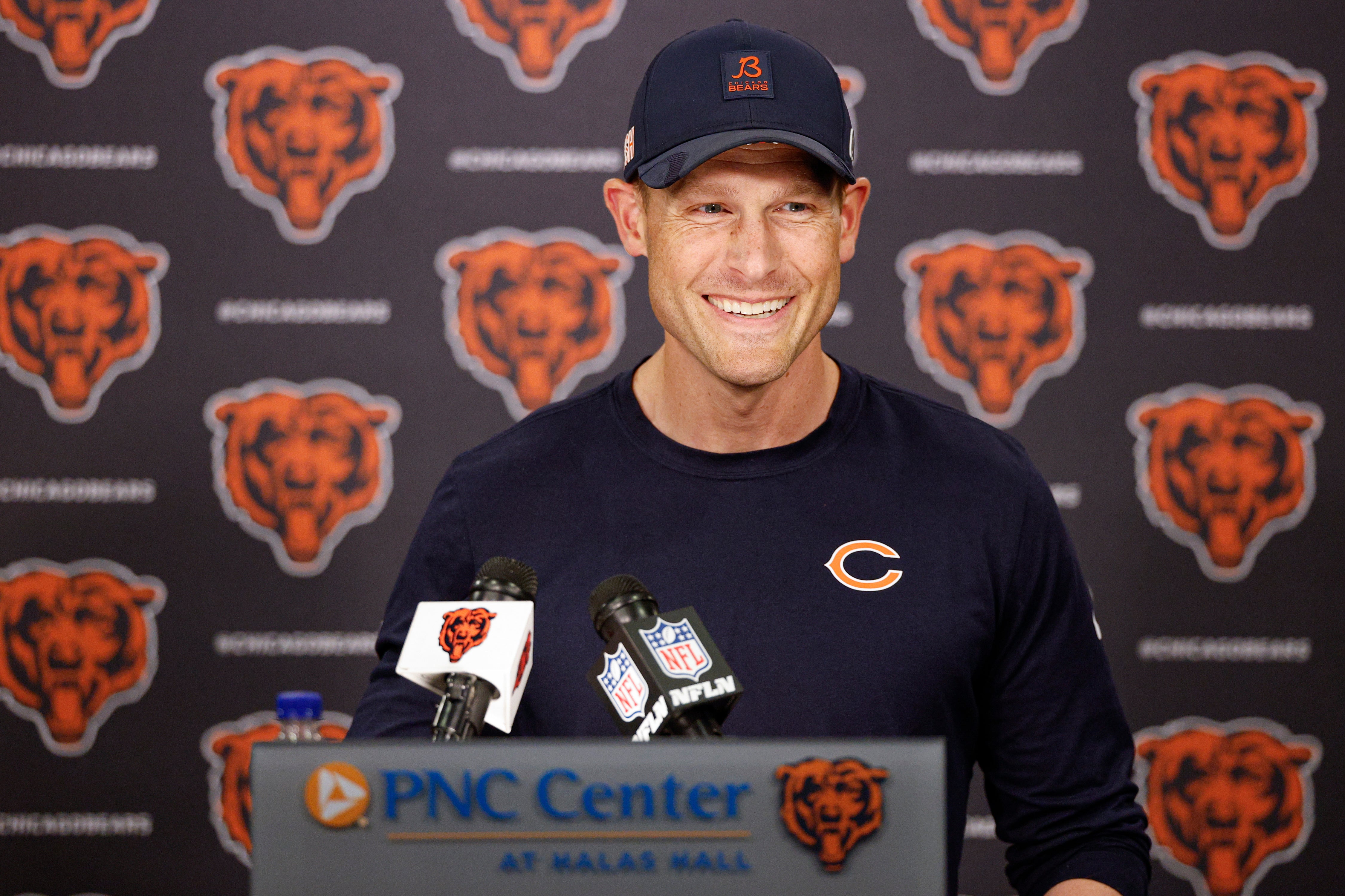 Jun 3, 2025; Lake Forest, IL, USA; Chicago Bears head coach Ben Johnson speaks during minicamp at Halas Hall.