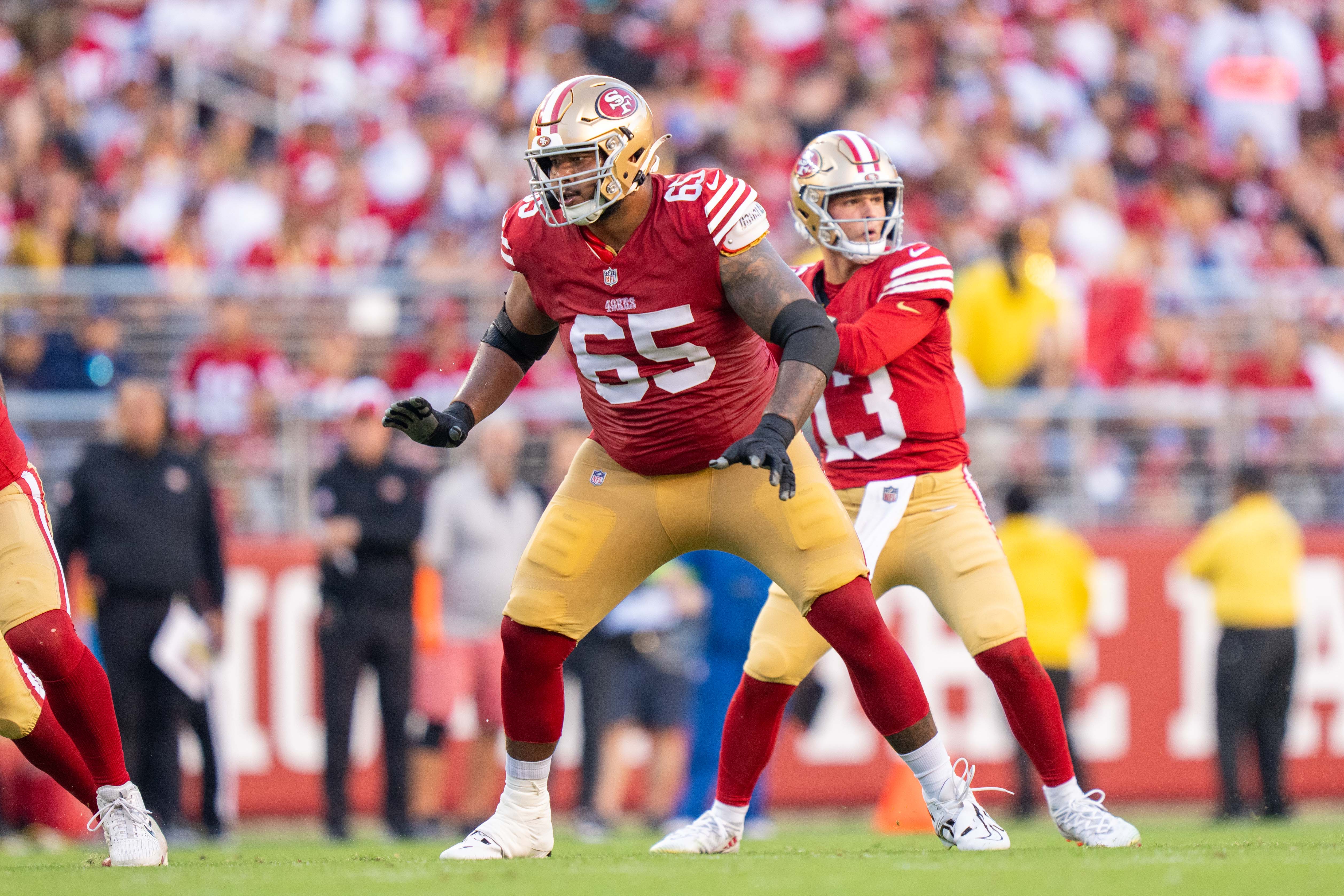 San Francisco 49ers guard Aaron Banks (65) during the first quarter against the Dallas Cowboys at Levi's Stadium.