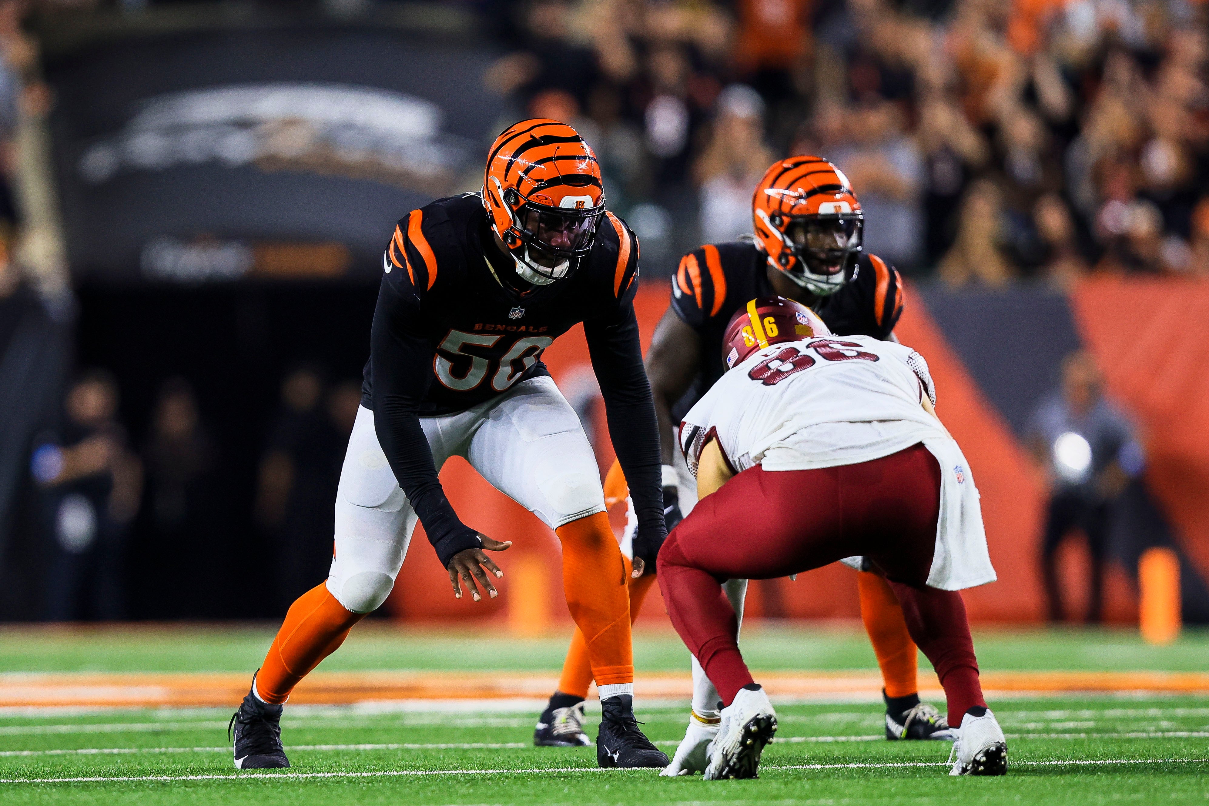 Sep 23, 2024; Cincinnati, Ohio, USA; Cincinnati Bengals defensive end Joseph Ossai (58) prepares for the snap in the second half against the Washington Commanders at Paycor Stadium.