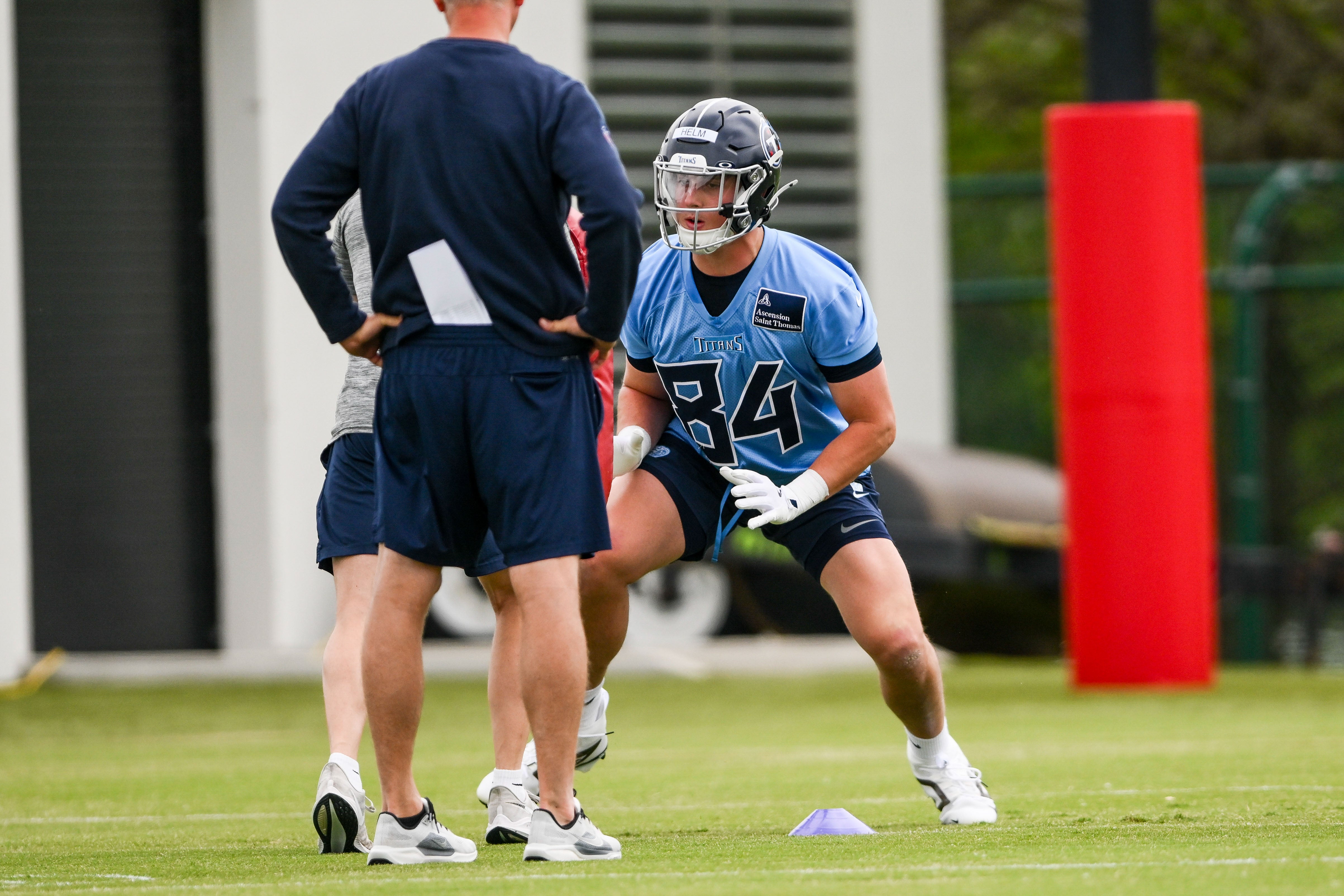 May 10, 2025; Nashville, TN, USA; Tennessee Titans tight end Gunnar Helm (84) goes through drills during Rookie Mini Camp at Saint Thomas Sports Park. Mandatory Credit: Steve Roberts-Imagn Images