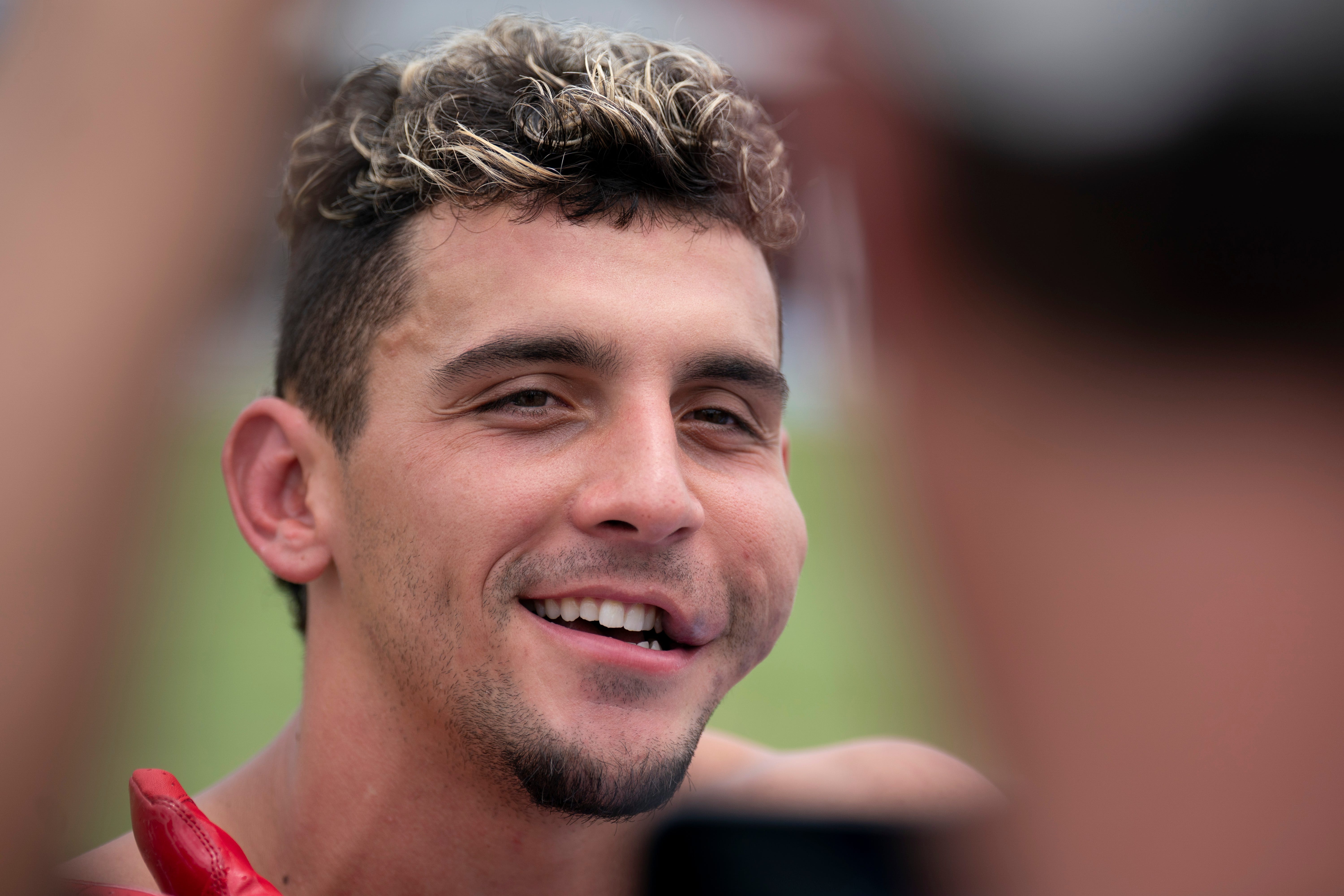 Tennessee Titans receiver Xavier Restrepo (87) speaks with the media during OTAs at Ascension Saint Thomas Sports Park in Nashville, Tenn., Wednesday, May 28, 2025.