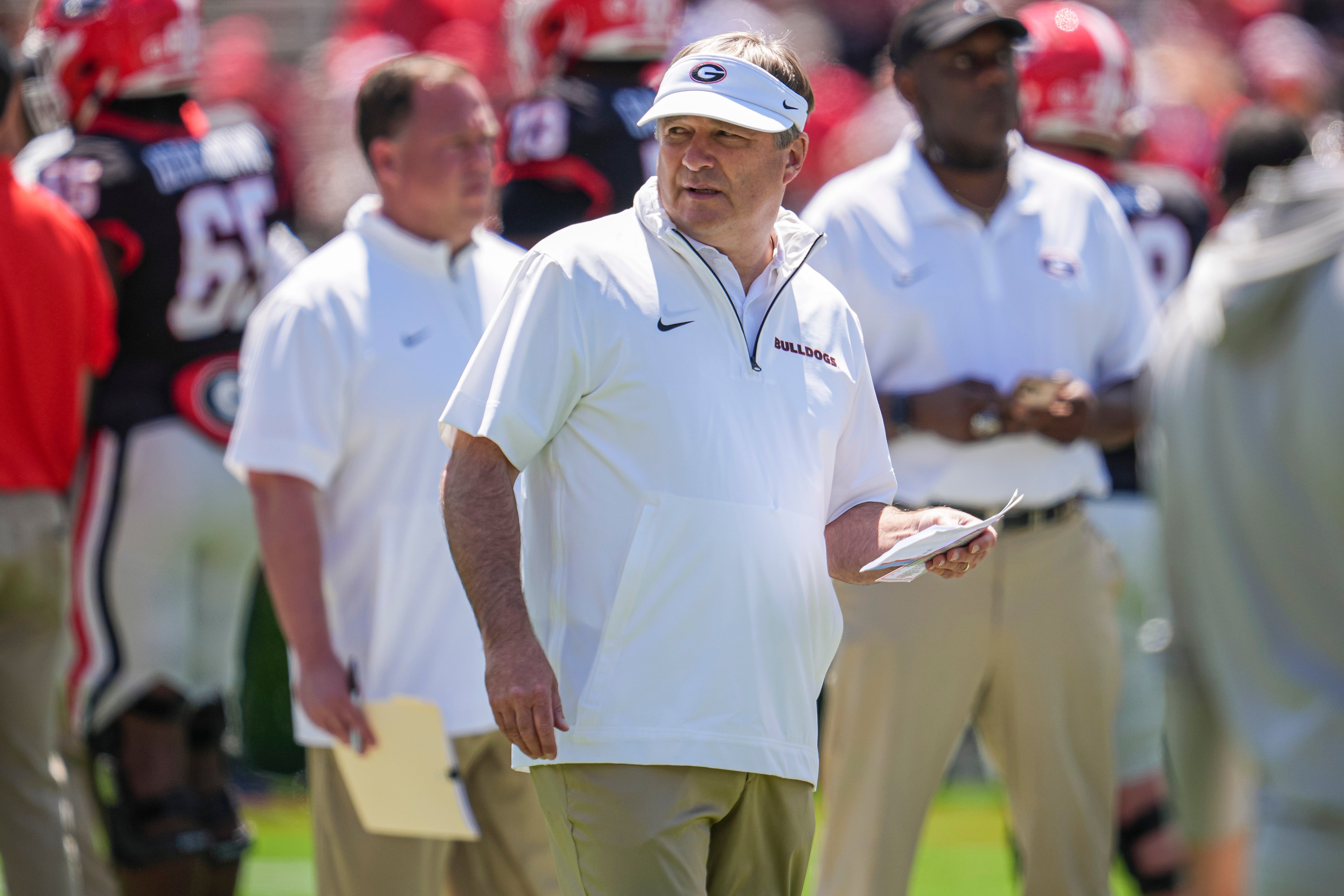 Georgia Bulldogs head coach Kirby Smart on the field prior to the start of the Georgia Spring game at Sanford Stadium.
