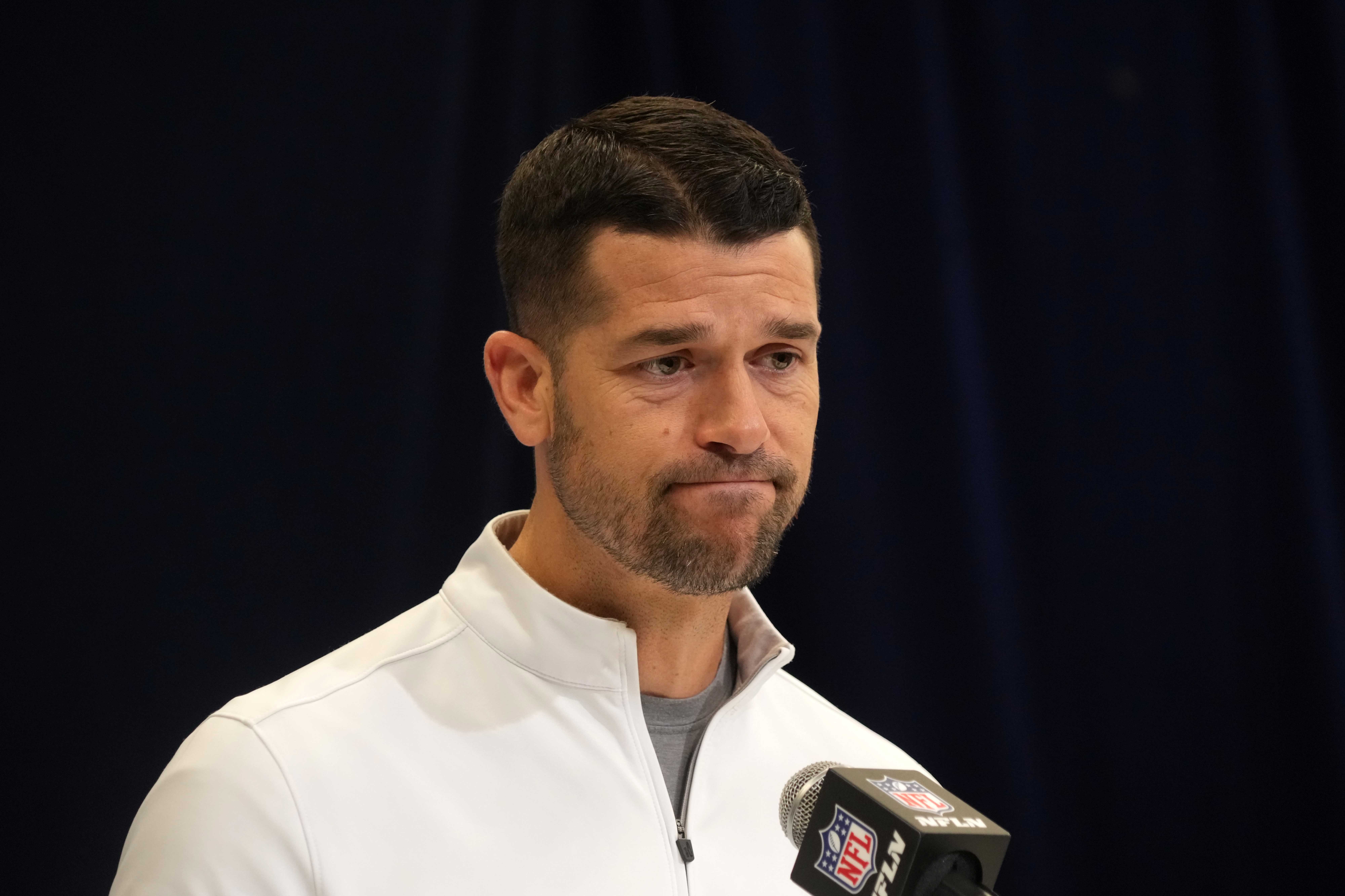 Feb 25, 2025; Indianapolis, IN, USA; Carolina Panthers coach Dave Canales speaks during the NFL Scouting Combine at the Indiana Convention Center.