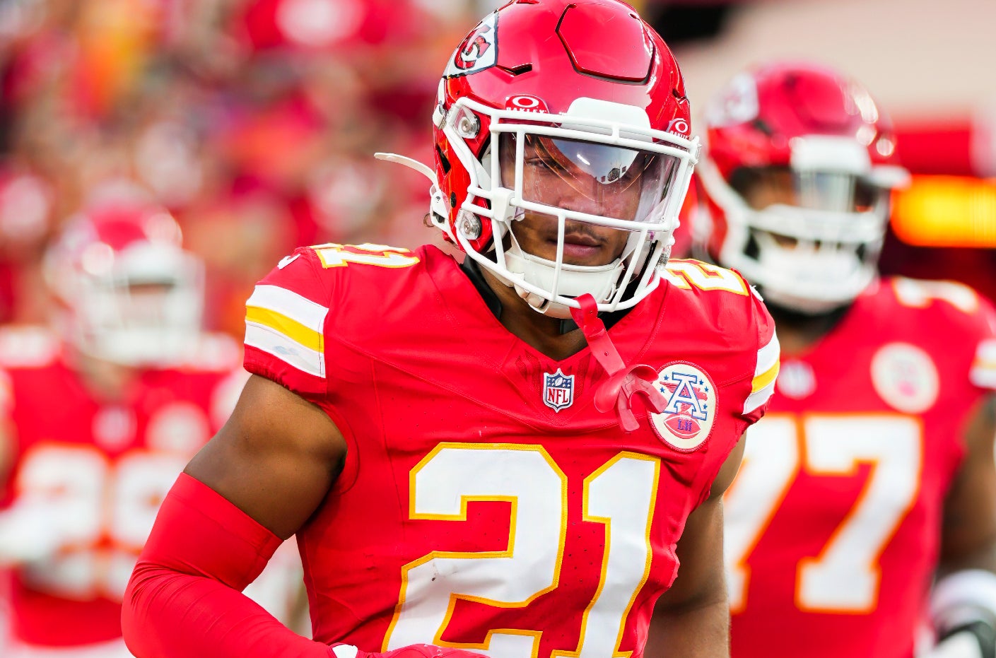 Aug 22, 2024; Kansas City, Missouri, USA; Kansas City Chiefs safety Jaden Hicks (21) takes the field prior to a game against the Chicago Bears at GEHA Field at Arrowhead Stadium.
