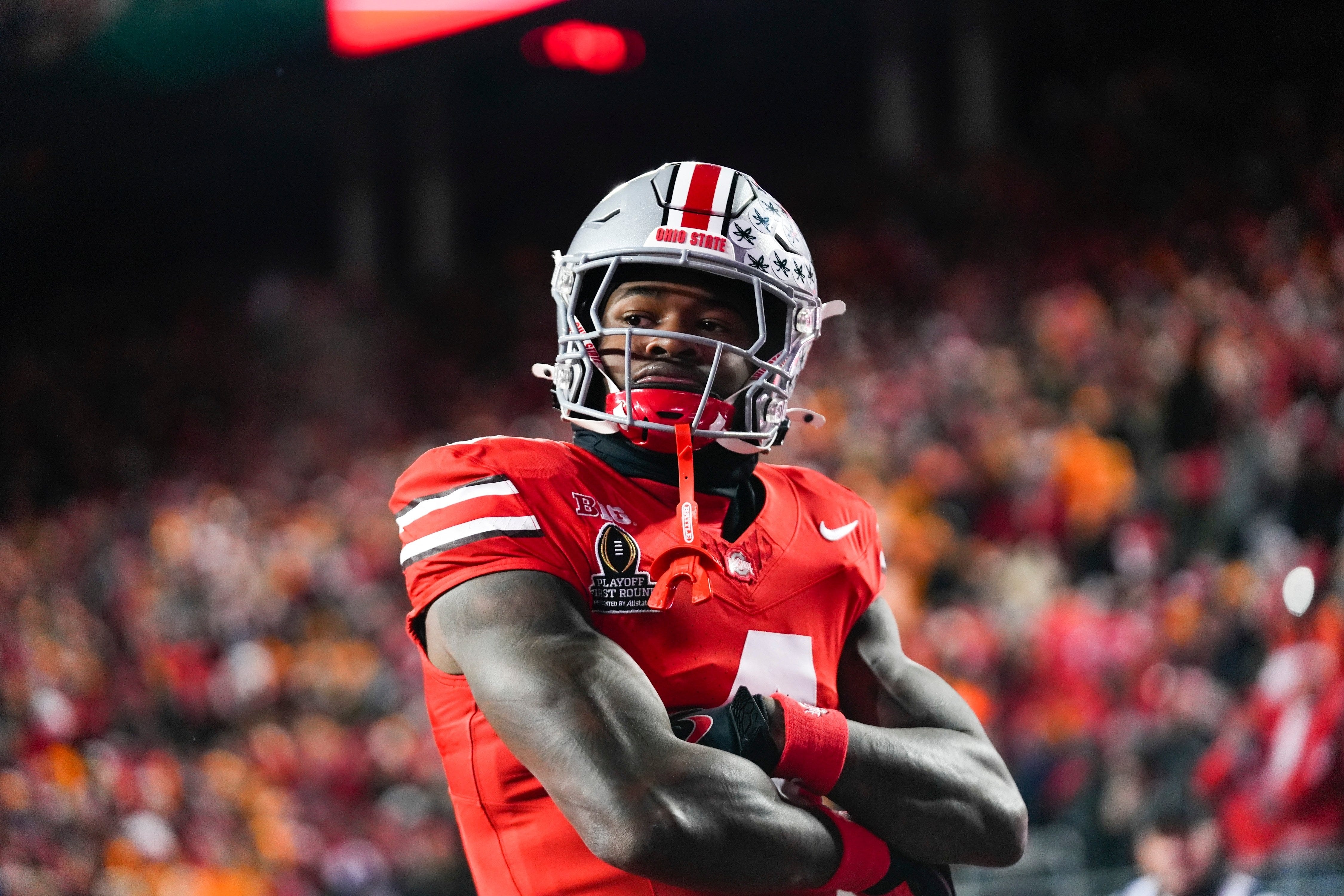 Jeremiah Smith, WR Ohio State celebrates a play for the Buckeyes during his true freshman season in 2024.